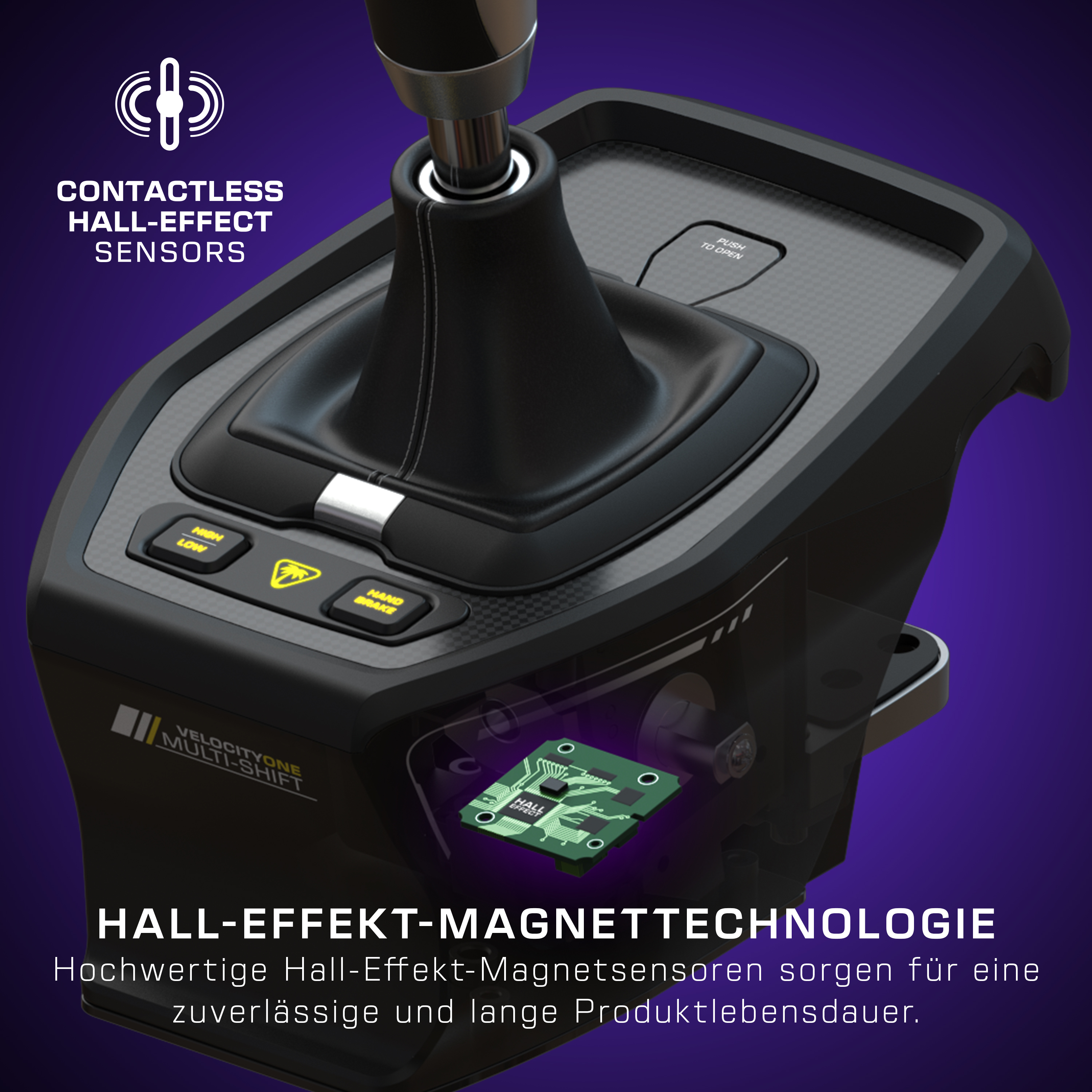 Nahaufnahme eines schwarz-grauen Autoschalthebels mit elektronischen Komponenten.