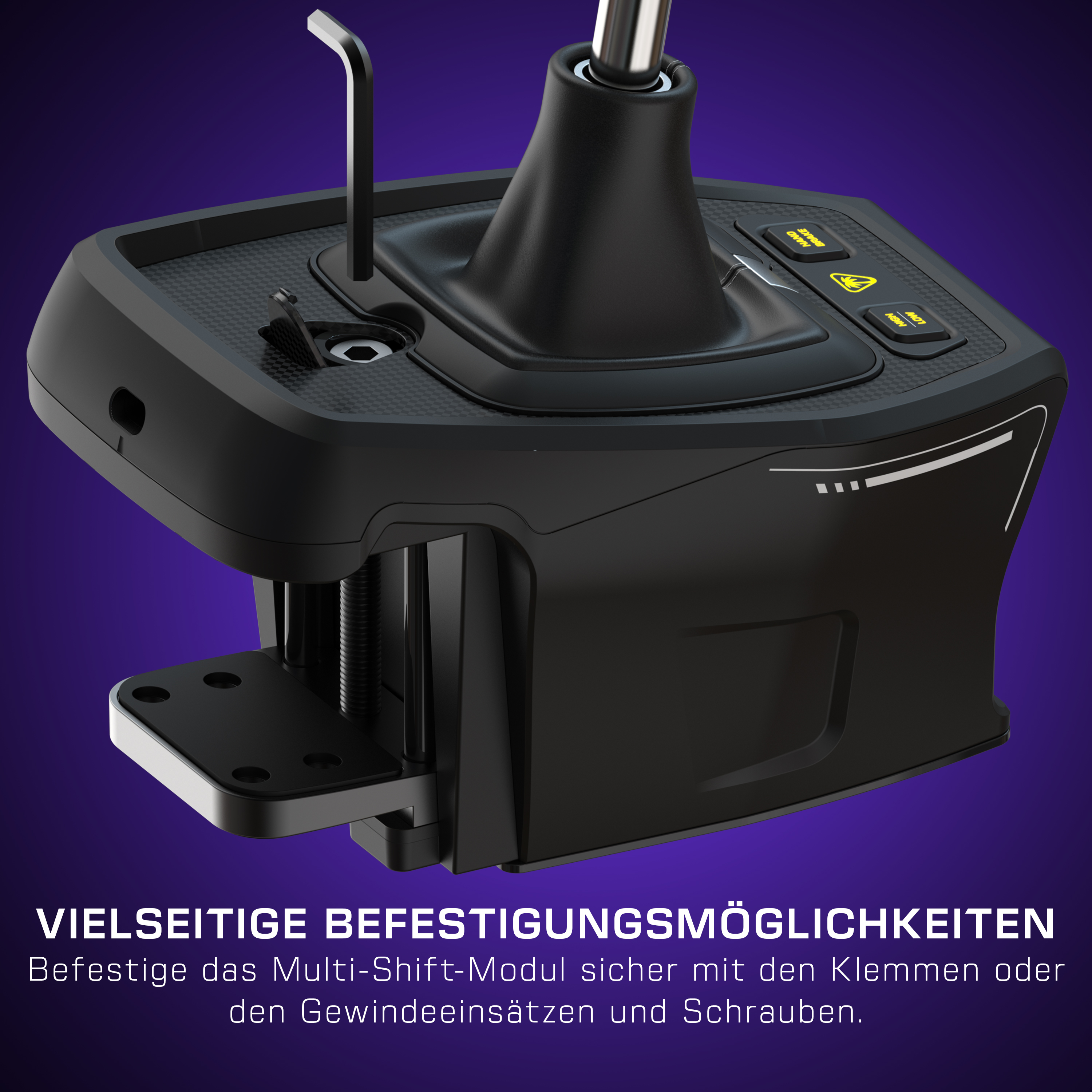 Schwarzes Schalthebelmodul mit Werkzeug und Befestigungsmaterial.