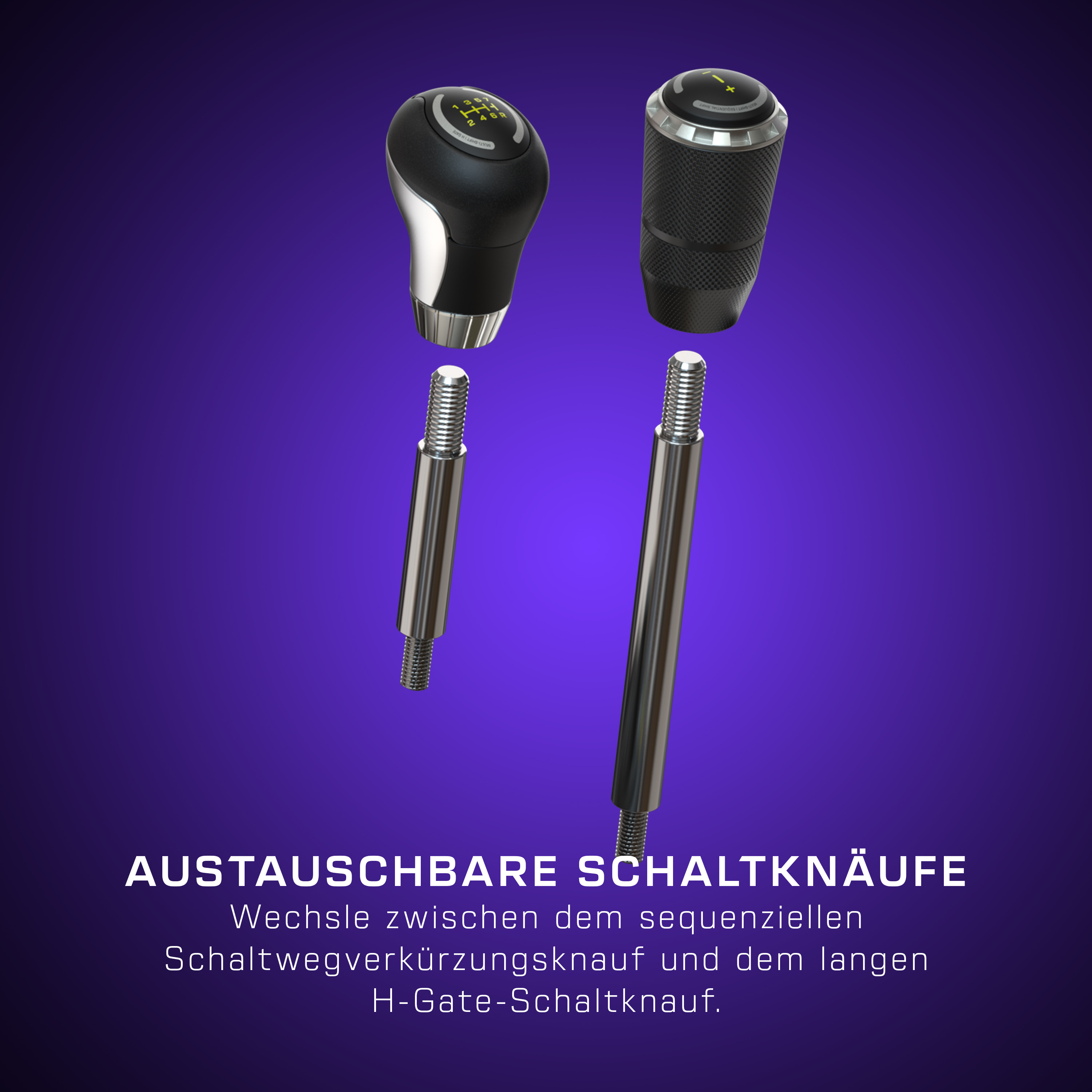 Vier Autoschaltknäufe und zwei Schäfte. Zwei schwarz, zwei silber. Text: austauschbare Schaltknäufe.