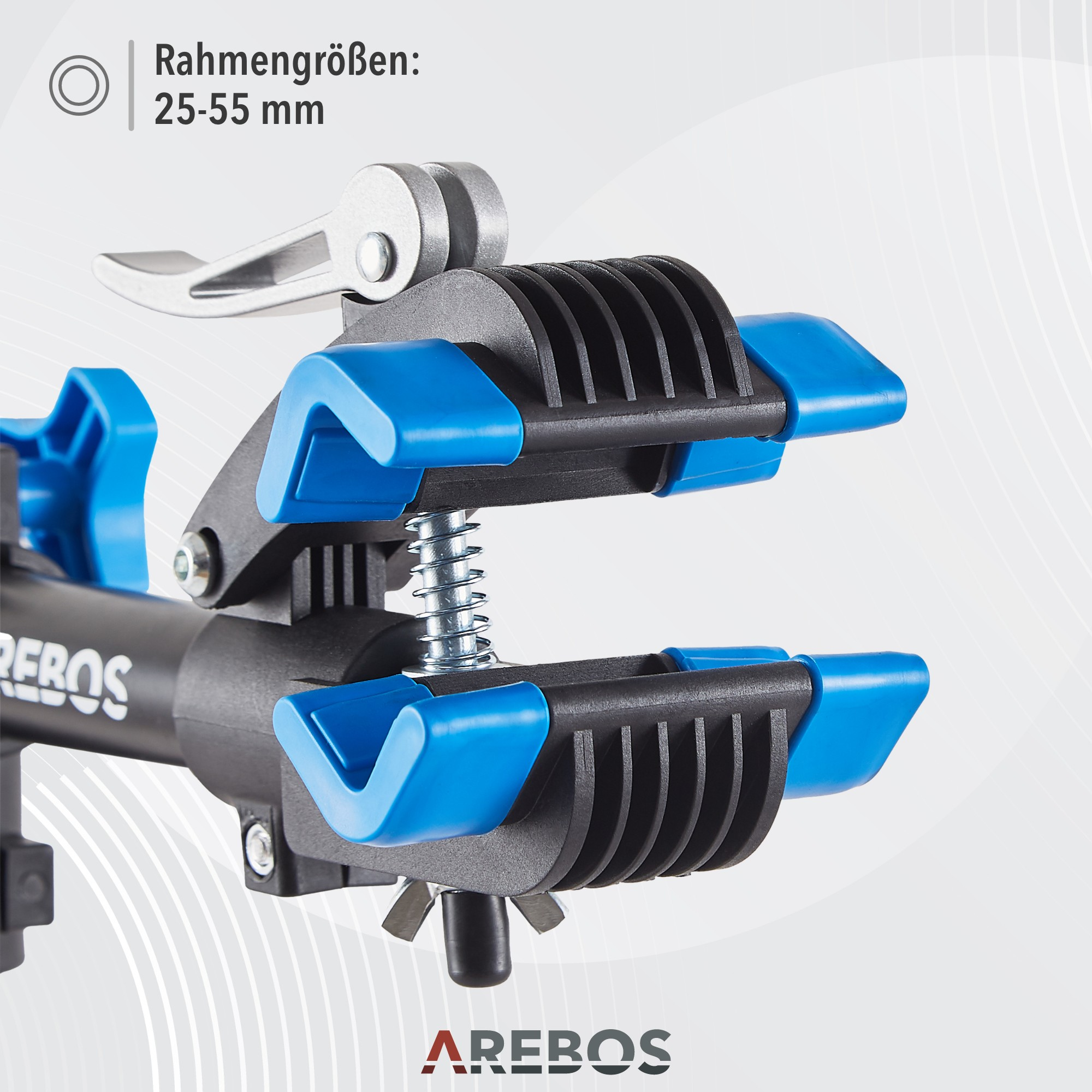 Schwarzer und blauer Fahrradreparaturständer. Er hat eine Klemme und eine Feder.