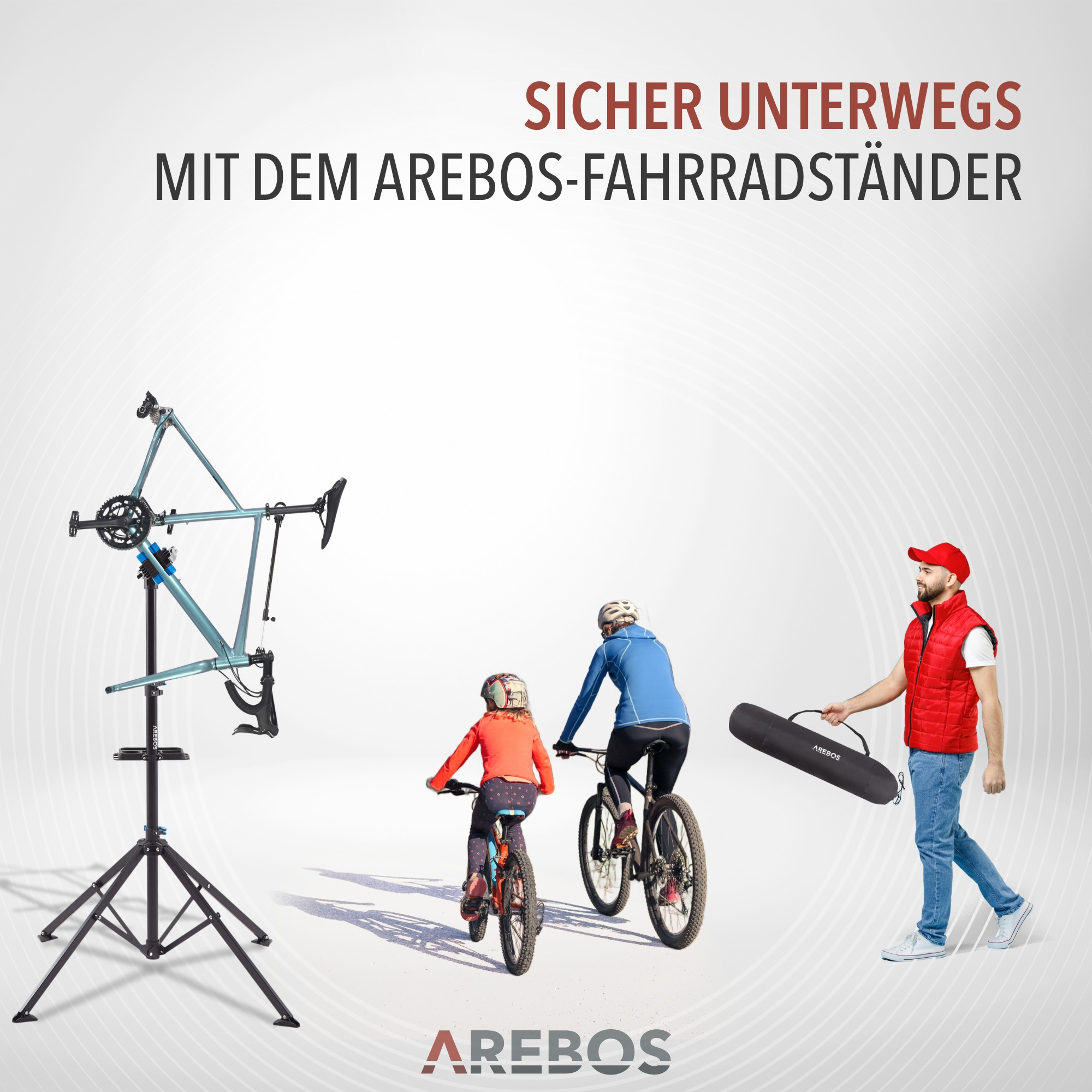 Familie mit Fahrrädern, Fahrradreparaturständer und Mann mit schwarzer Tasche. Text: Sicher unterwegs.