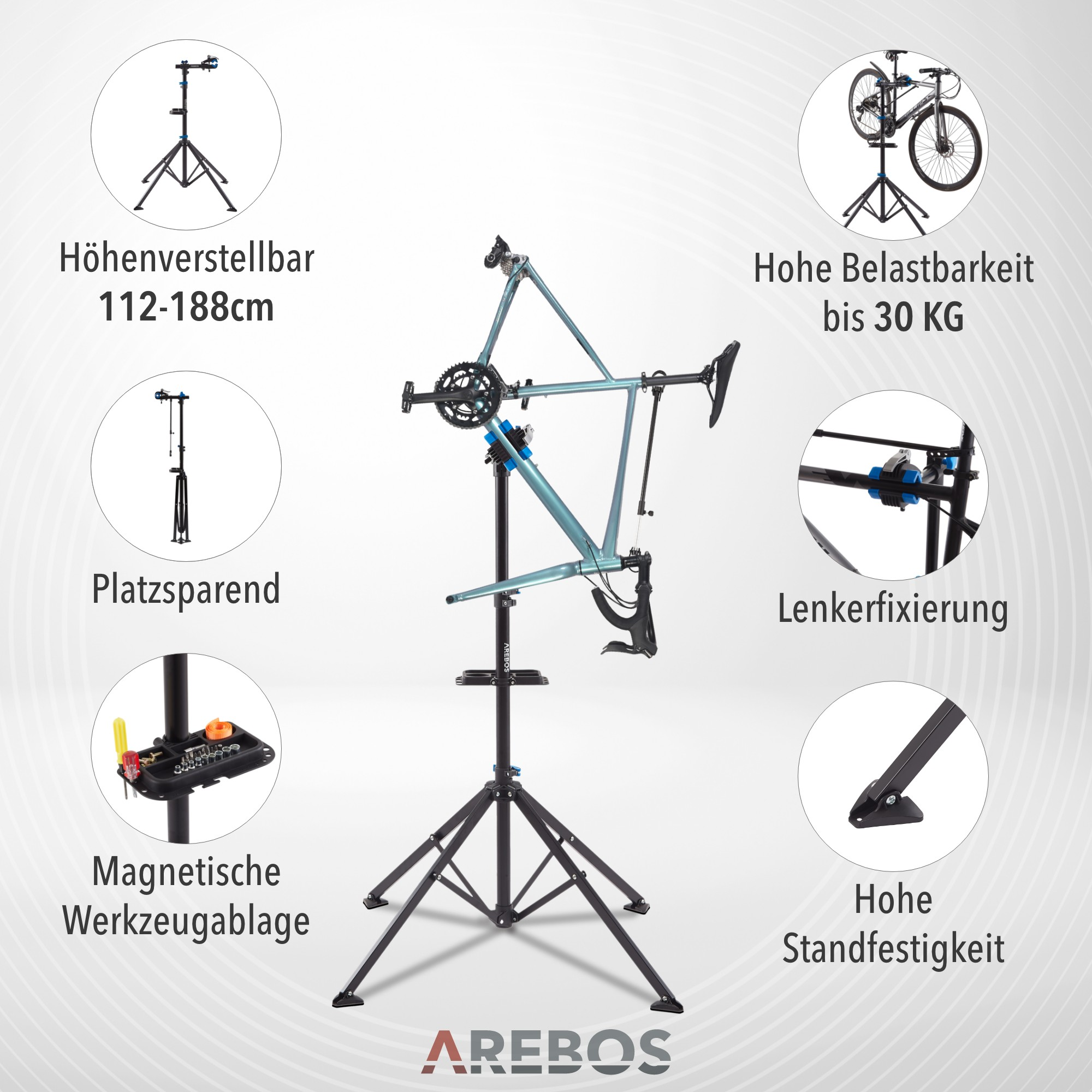 Fahrradständer mit Fahrrad, schwarz und blau. Merkmale umfassen höhenverstellbar und Werkzeugablage.