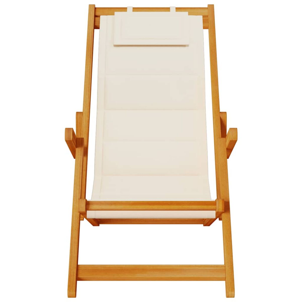 Chaiselongue aus Holz mit weißem Kissen. Vorderansicht, zurückgelehnt. Weißer Hintergrund.