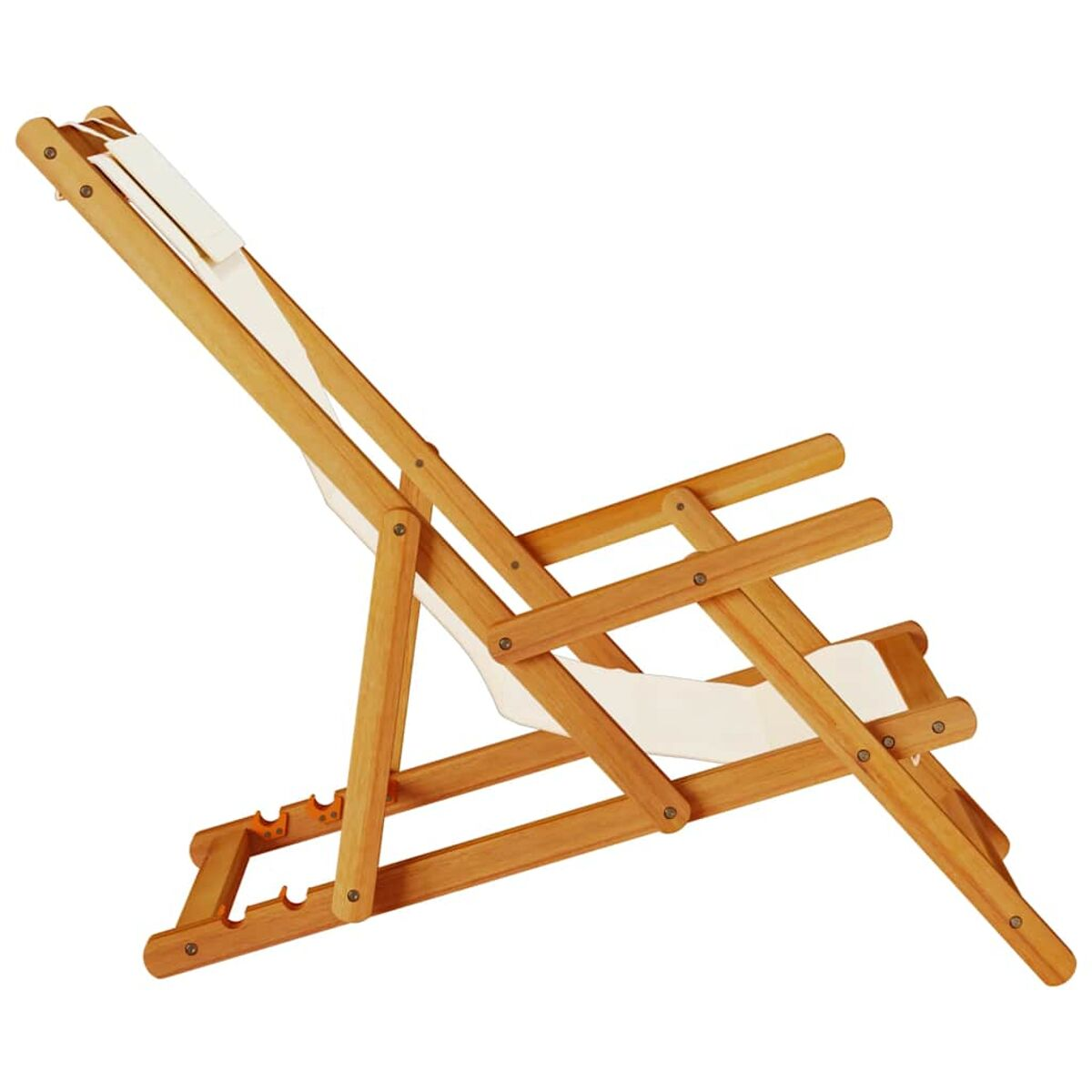 Holz-Strandstuhl mit weißem Stoff, nach links geneigt.