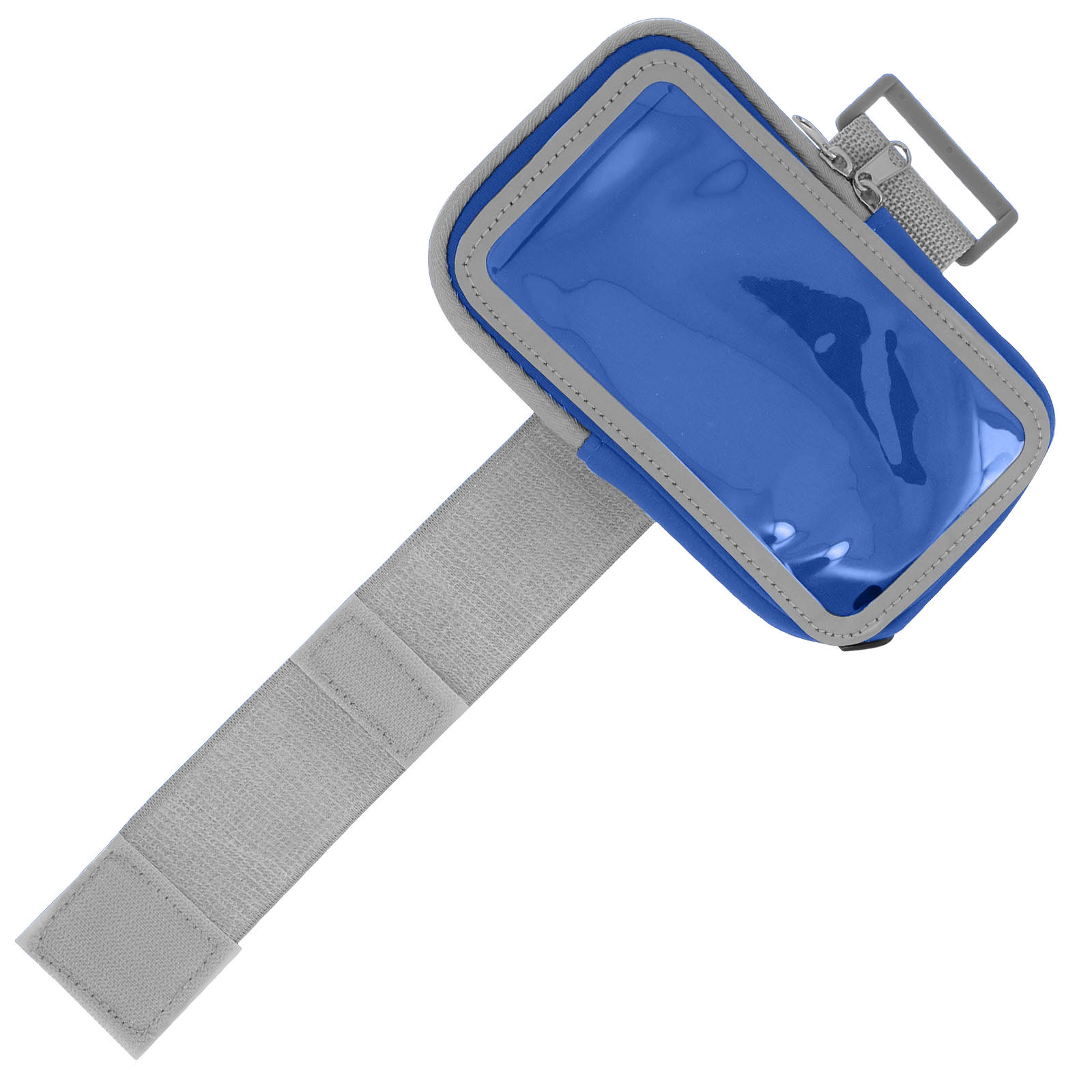 Blaues und graues Armband mit einer durchsichtigen Telefontasche und einem Klettverschluss.