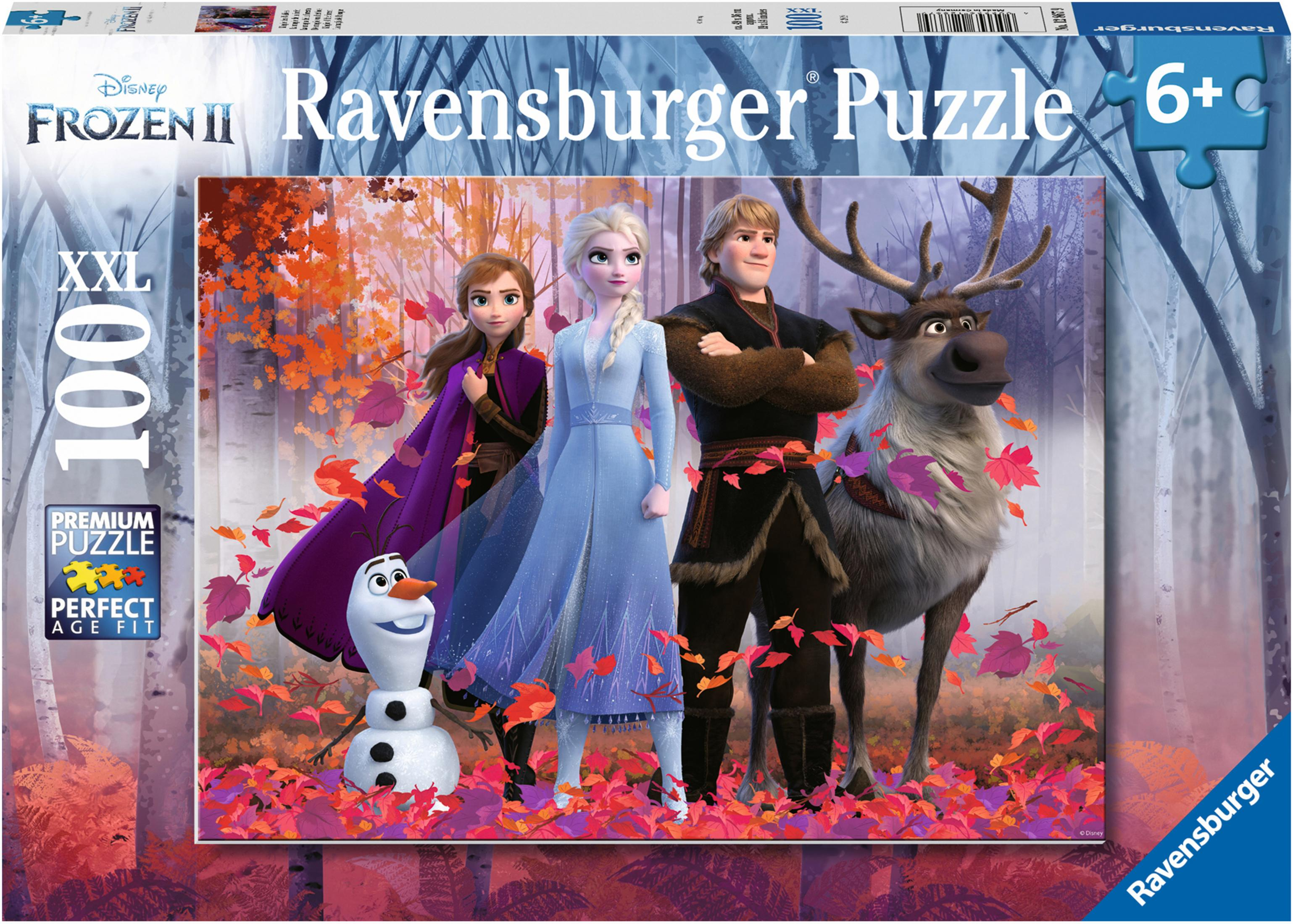 Scatola del puzzle Frozen II. Presenta i personaggi Elsa, Anna, Kristoff, Olaf e Sven. Sfondo della foresta autunnale.
