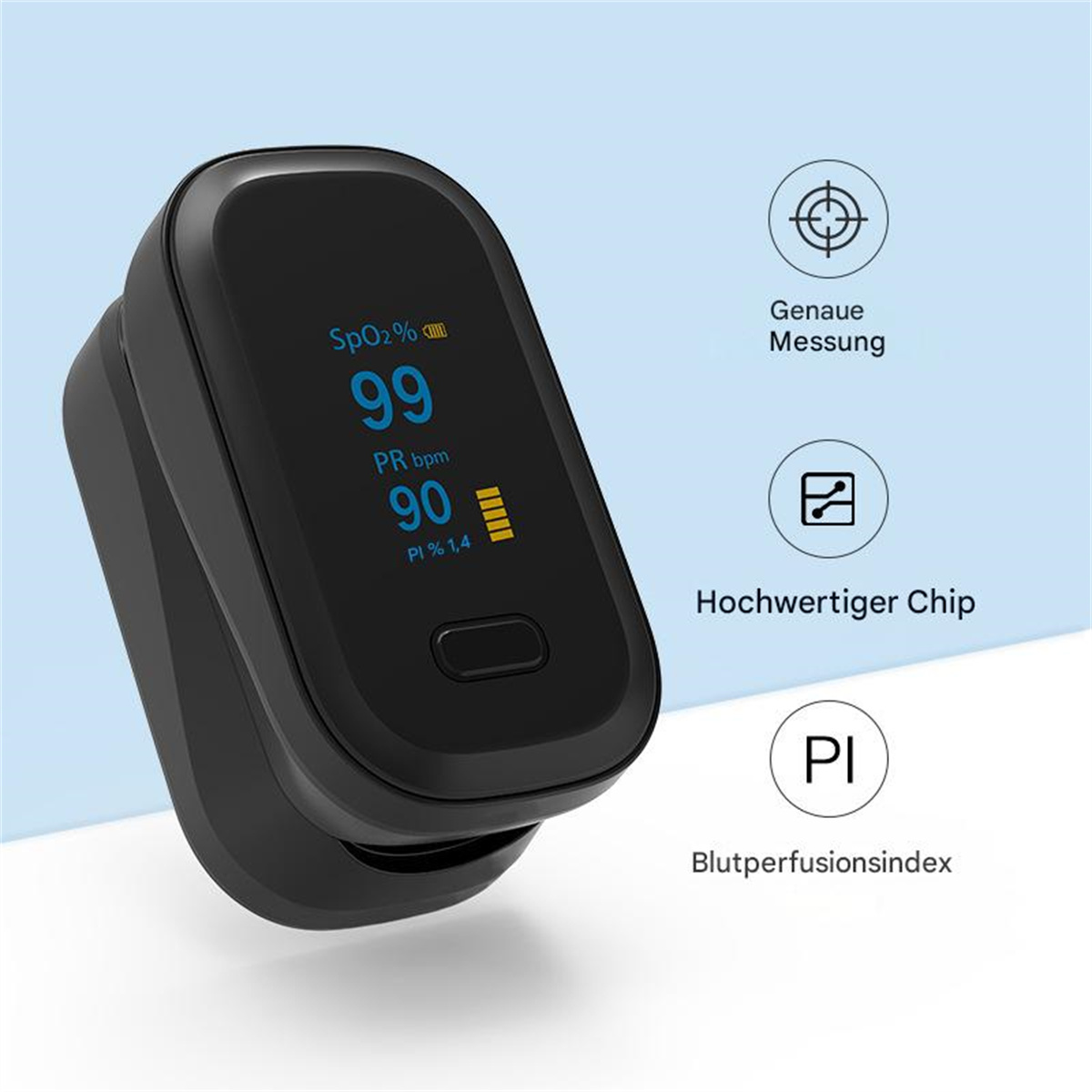 Ein schwarzes Oximeter-Gerät, das SpO2 99% und PR 90 bpm anzeigt. Es hat einen kleinen Bildschirm.