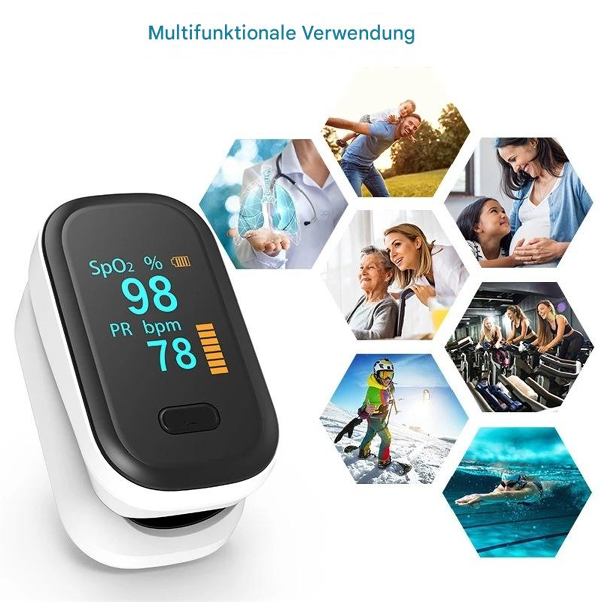 Medizinisches Gerät, ein Pulsoximeter, das Messwerte und Lifestyle-Bilder anzeigt.