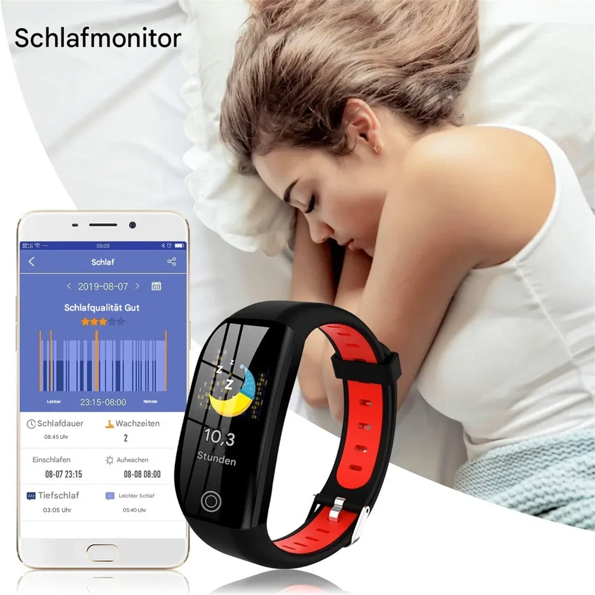 Frau schläft mit einem Schlafüberwachungsgerät am Handgelenk, Telefon zeigt Schlafdaten. Der Hintergrund ist ein Bett.