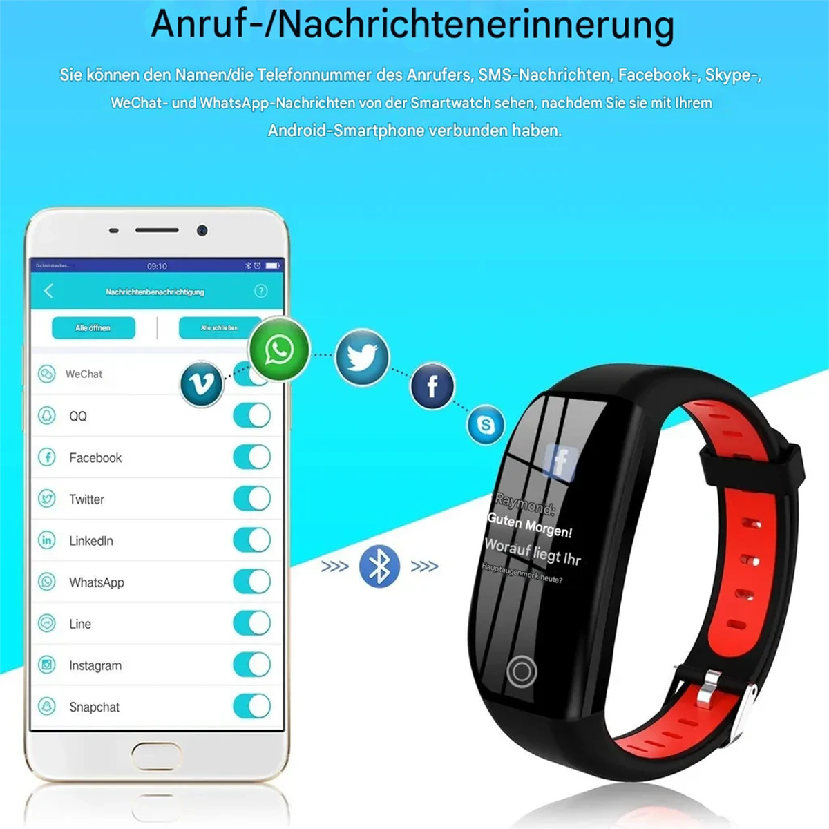 Ein Smartphone, das App-Symbole anzeigt, verbunden mit einem schwarz-roten Fitness-Tracker.