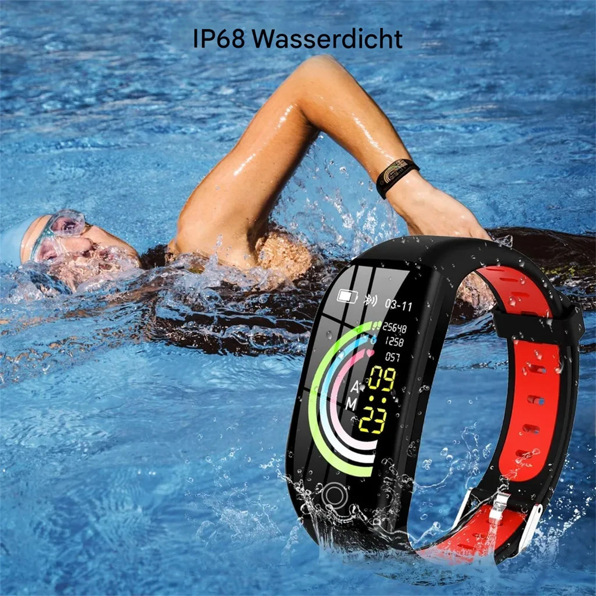 Ein Fitness-Tracker, der von einem Schwimmer im Pool getragen wird. Der Tracker ist schwarz und rot, zeigt Zeit und Daten an.