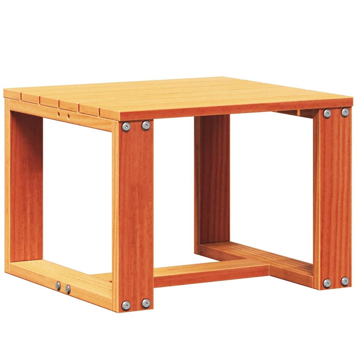 Tavolino quadrato in legno. Colore marrone. Design semplice con viti a vista. Sfondo chiaro.