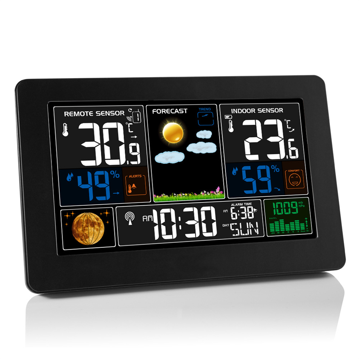 Digitales Wetterstation mit schwarzem Rahmen, das Temperatur, Luftfeuchtigkeit und Wettervorhersage anzeigt.