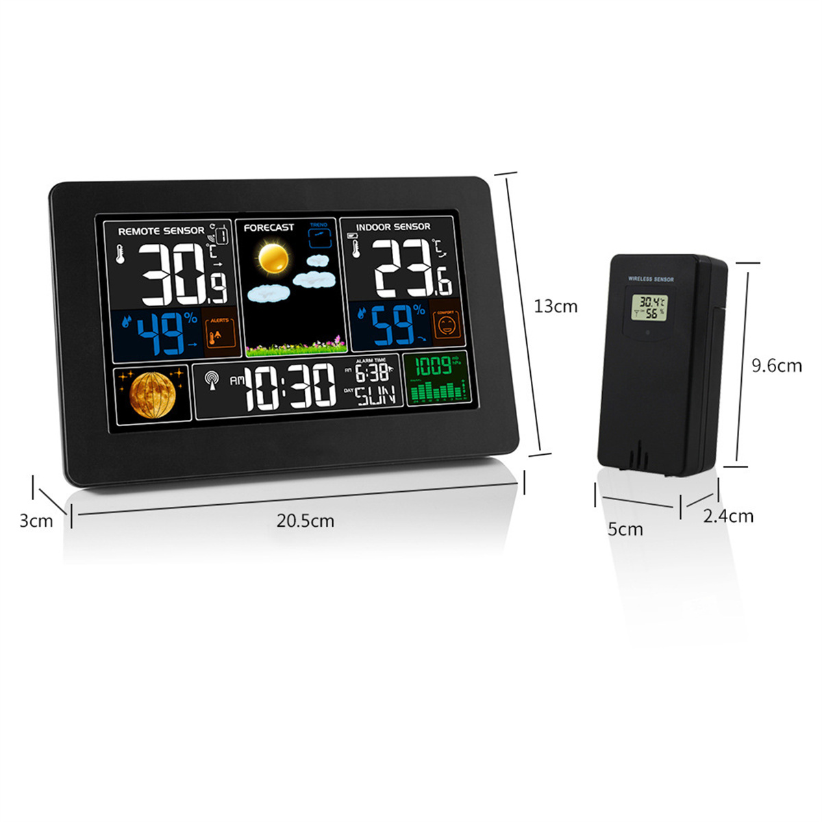 Digitale Wetterstation mit Temperatur, Luftfeuchtigkeit, Uhrzeit und Wettervorhersage mit Funksensor.