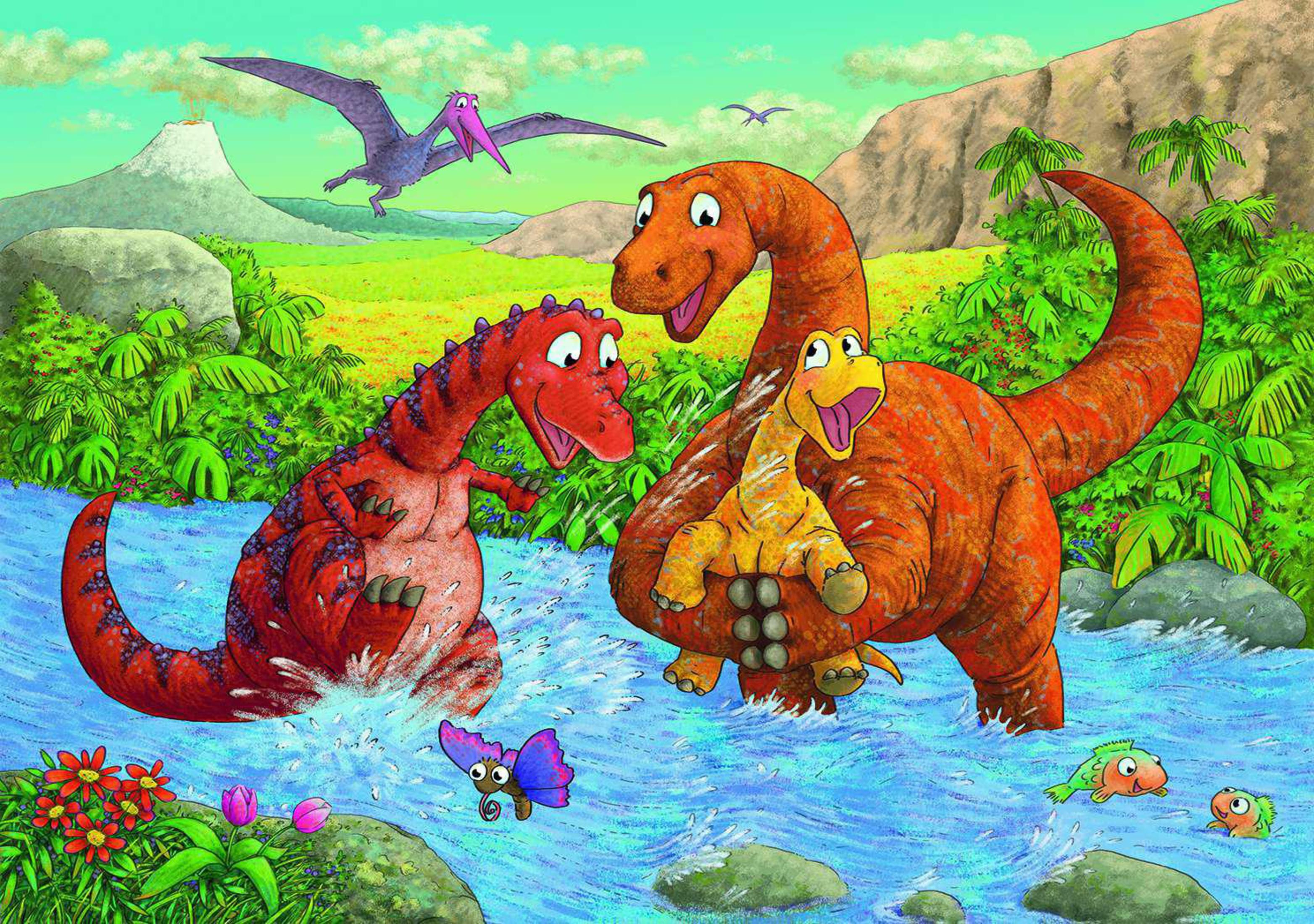 Ilustracja z kreskówki przedstawiająca dinozaury w rzece, z Pterodaktylem lecącym nad nimi.