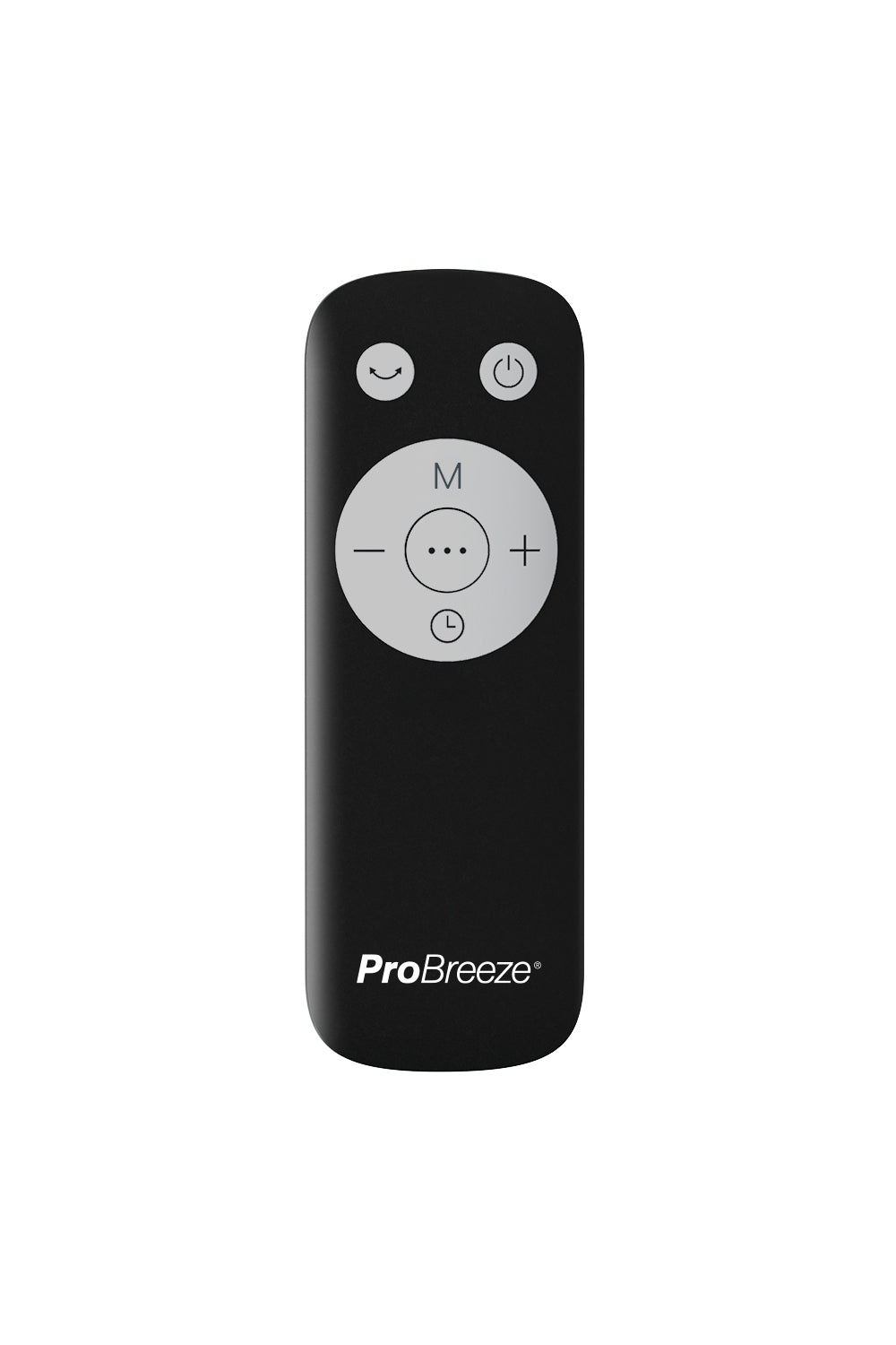Schwarze Fernbedienung. Tasten: Ein/Aus, Stummschaltung, Modus, Lautstärke und Timer. Text: ProBreeze.