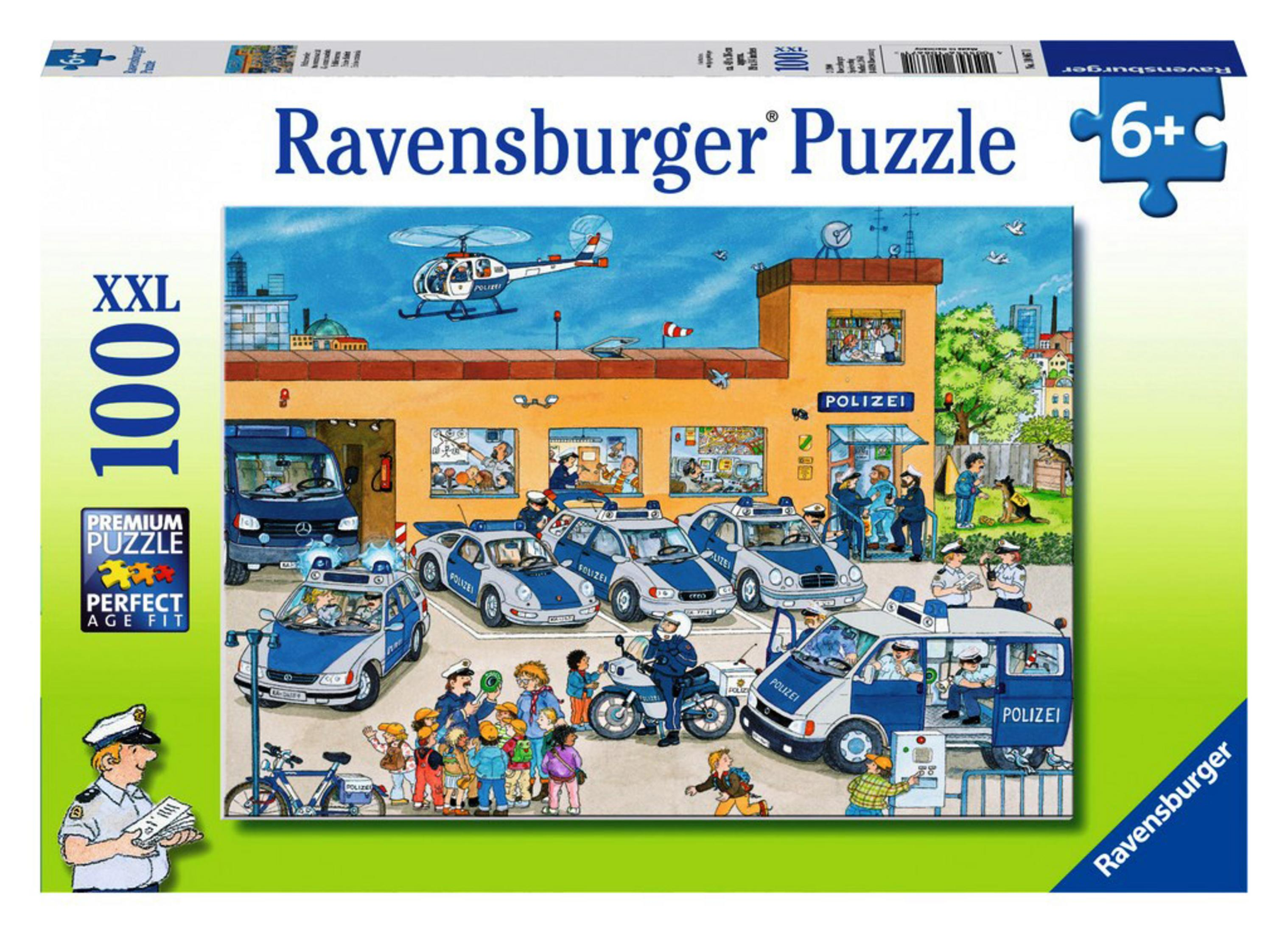 Scatola puzzle Ravensburger. L'immagine mostra una scena della stazione di polizia con auto, elicottero e persone.
