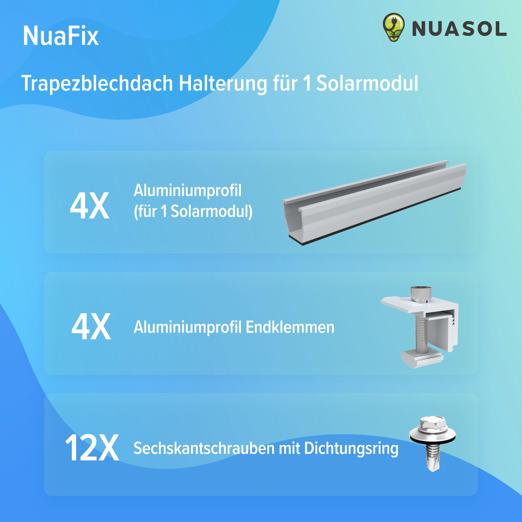 Diagramm von Komponenten zur Solarmontage: Aluminiumprofile, Endklemmen und Schrauben.