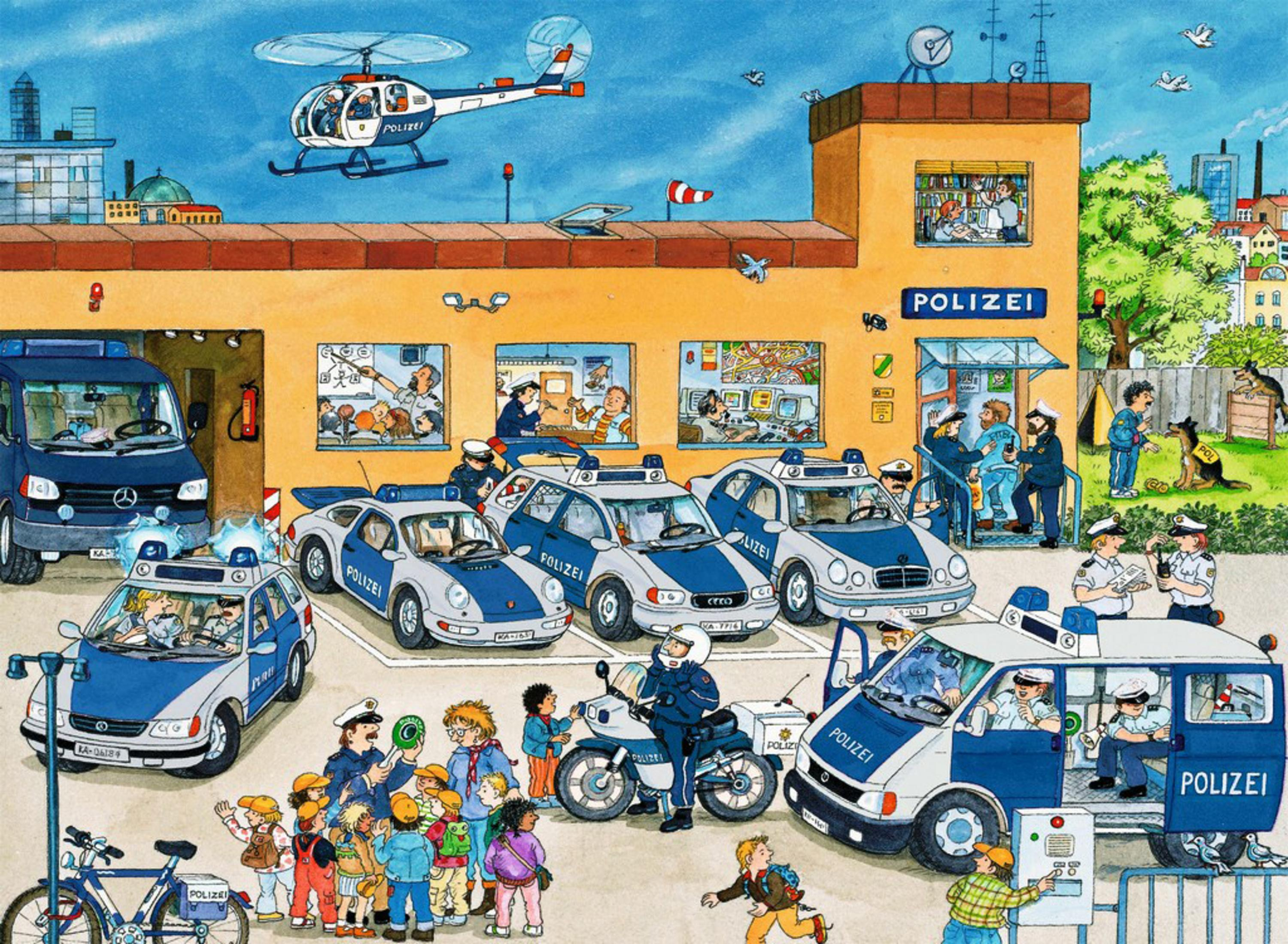 Stazione di polizia dei cartoni animati con auto della polizia, elicottero e persone.