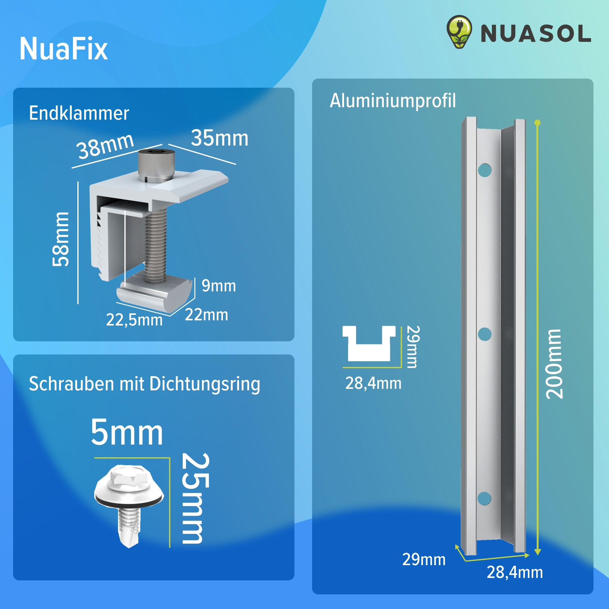 Diagramm einer Halterung und Schrauben mit Abmessungen. Text beschreibt das Produkt als NuaFix Endklammer.