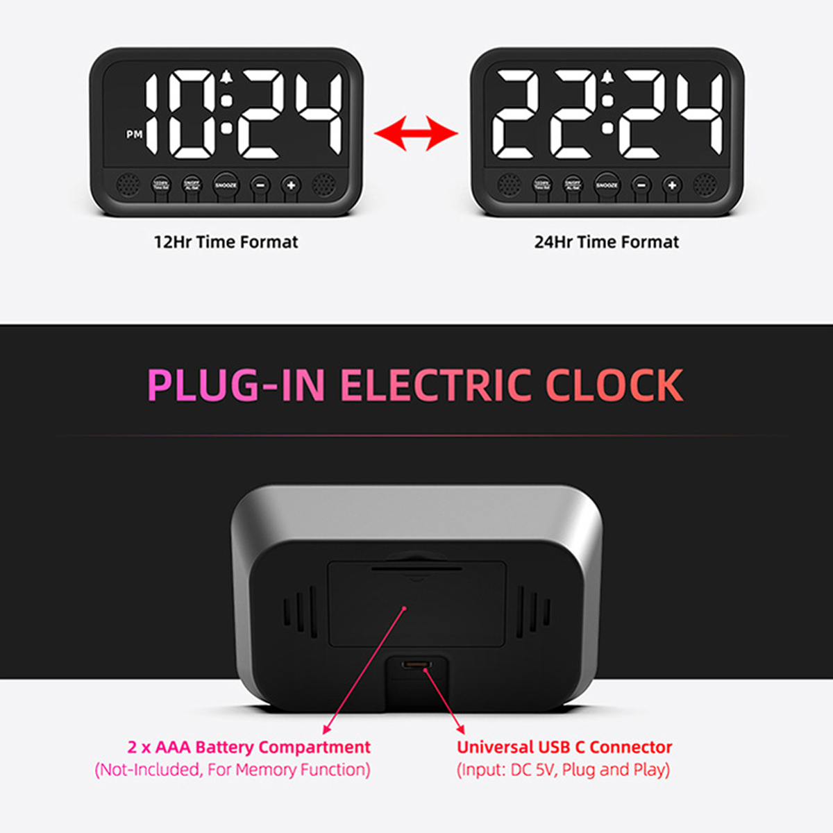 Schwarze Digitaluhr mit 10:24 PM und 22:24. Sie hat ein Batteriefach und einen USB-Anschluss.