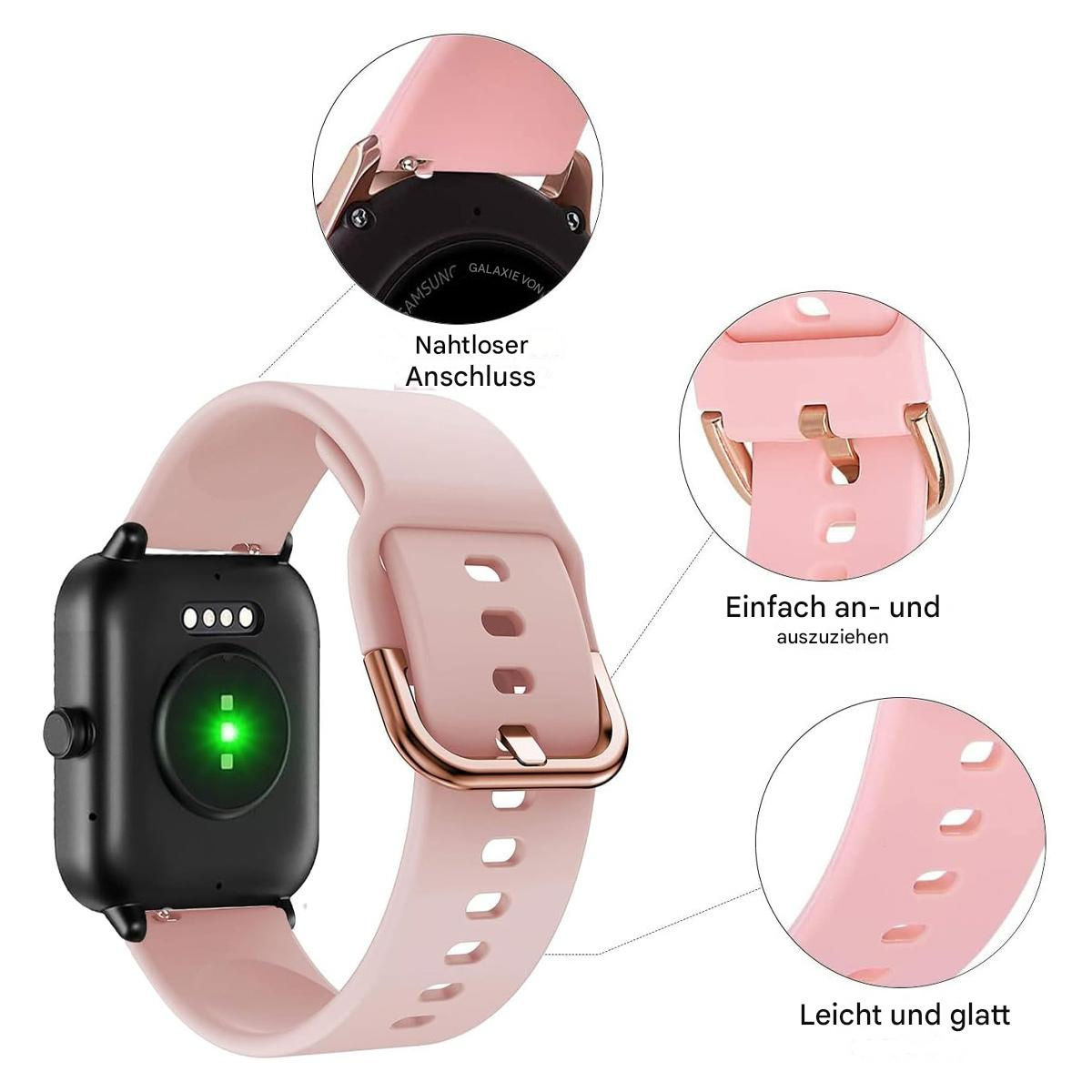 Nahaufnahme einer Smartwatch mit pinkfarbenem Armband. Details des pinkfarbenen Armbands sind hervorgehoben.