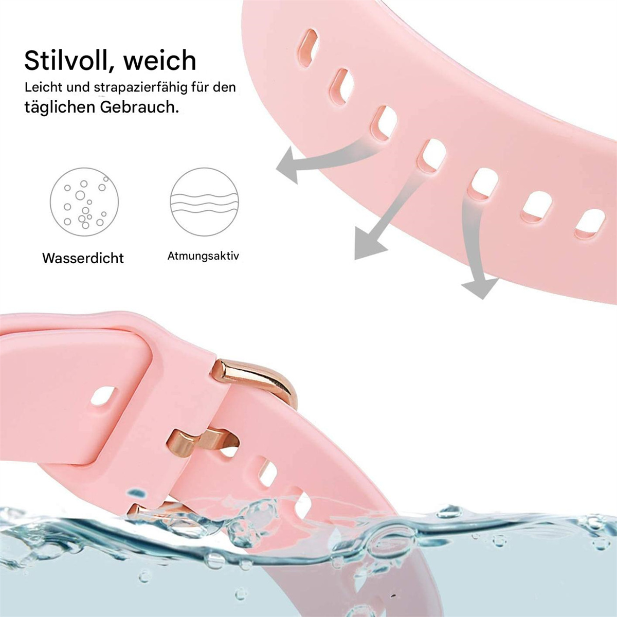 Rosa Smartwatch-Armband mit Luftschlitzen und Schnalle. Text sagt, es ist wasserdicht und atmungsaktiv.