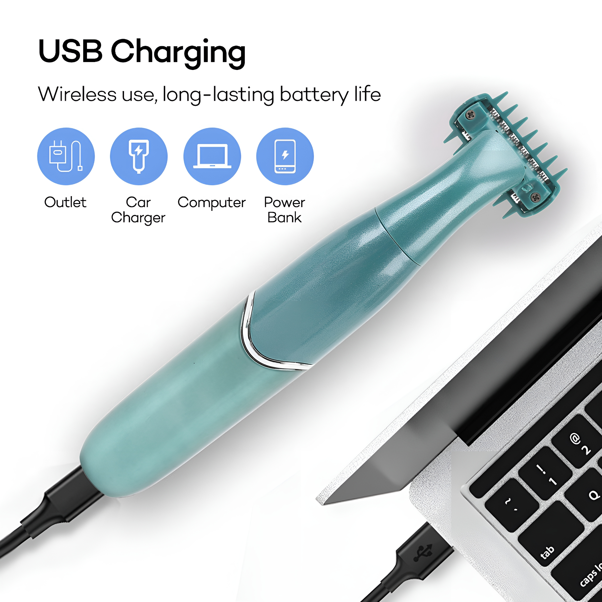 Türkisfarbener Elektrorasierer, an einen Laptop angeschlossen. Symbole: Steckdose, Autoladegerät, Computer, Powerbank.