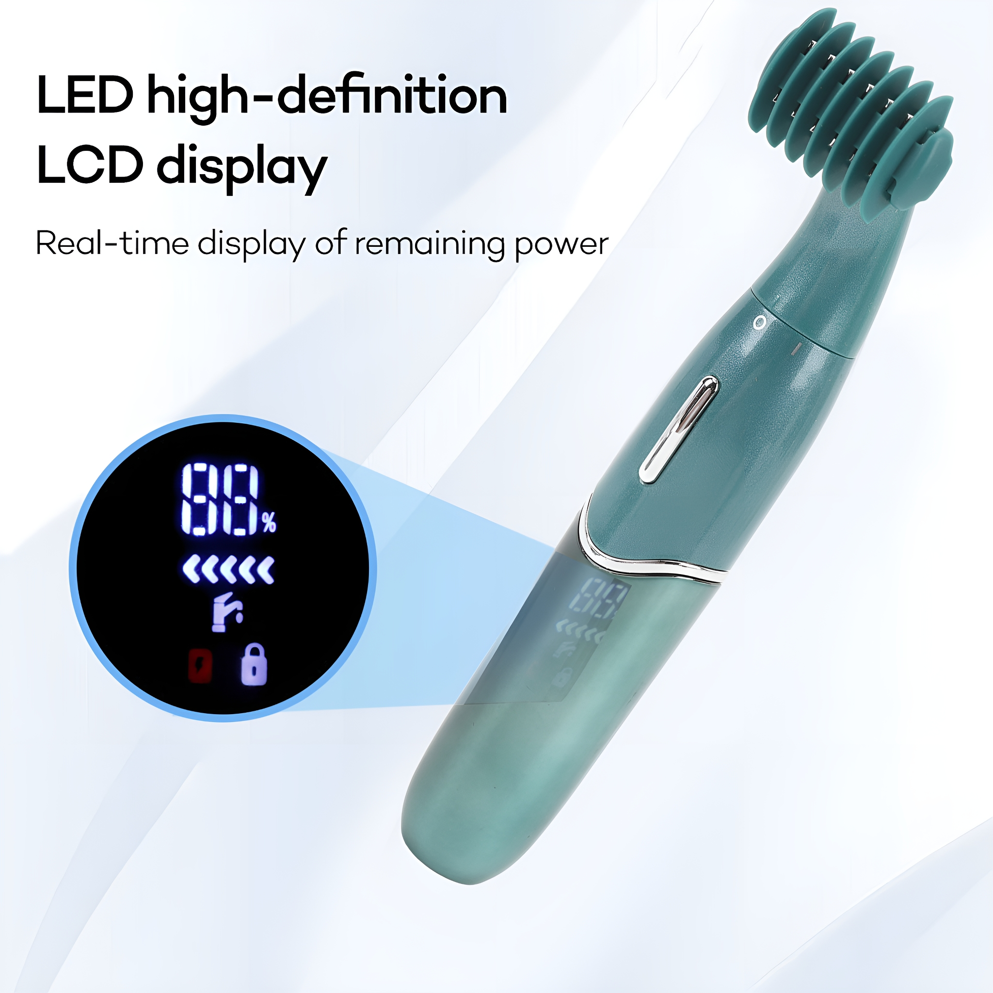 Ein türkisfarbener Elektrorasierer mit LCD-Anzeige, die 88 % Leistung anzeigt. Enthält Text: LED High-Definition LCD Display.