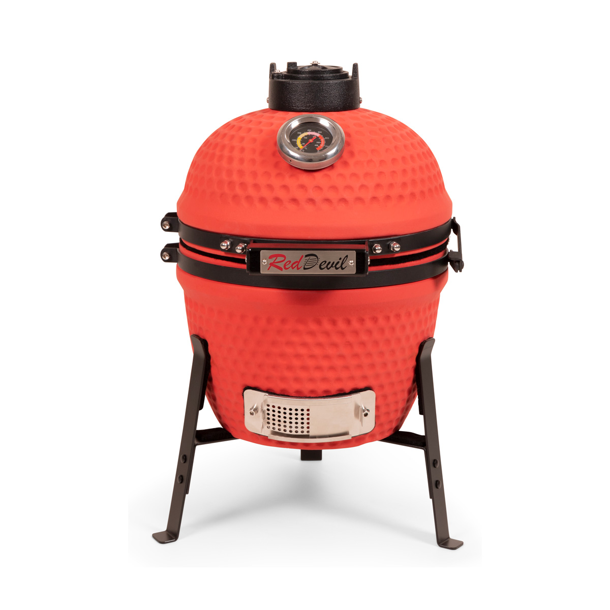 Red Devil Grill. Es ist rot mit schwarzen Akzenten. Es hat ein Thermometer.