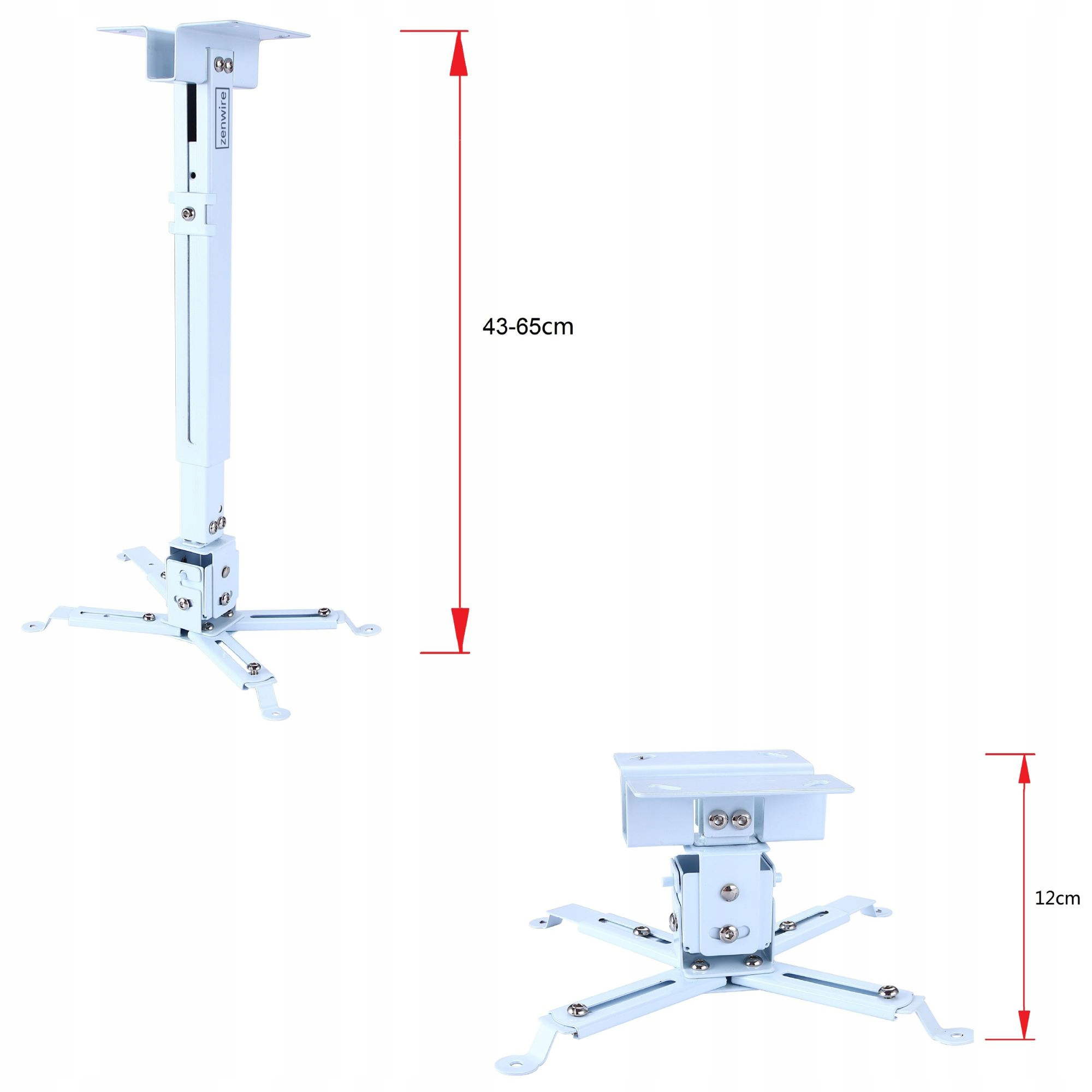 Biały uchwyt do projektora z regulacją wysokości. Wymiary to 43-65cm i 12cm.