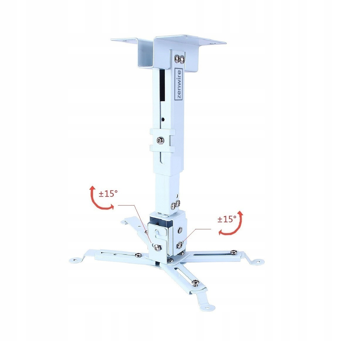 Biały uchwyt do projektora. Posiada regulowane ramiona i centralne podparcie. Strzałki kierunkowe pokazują zakres regulacji.