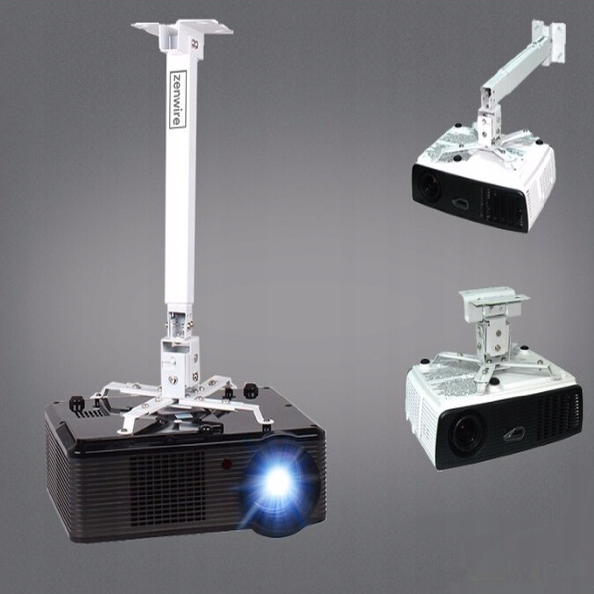 Osprzęt do montażu projektora, kolor biały, z trzema różnymi widokami produktu.