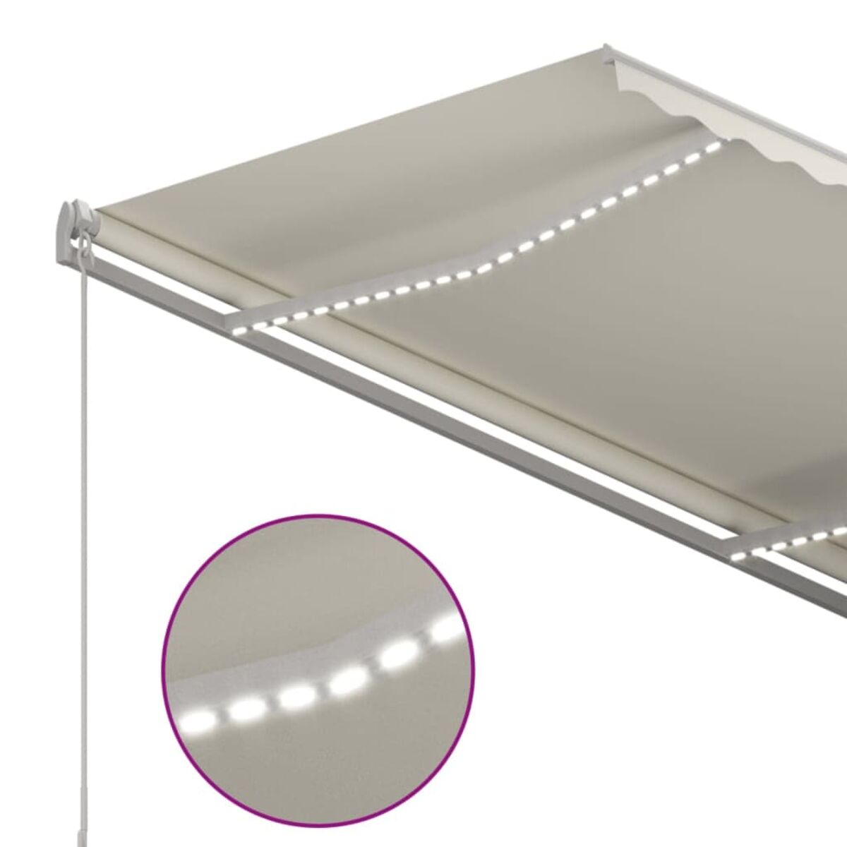 Nahaufnahme eines Sonnensegels mit eingebetteten LED-Leuchten. Detail der Lichter wird gezeigt.