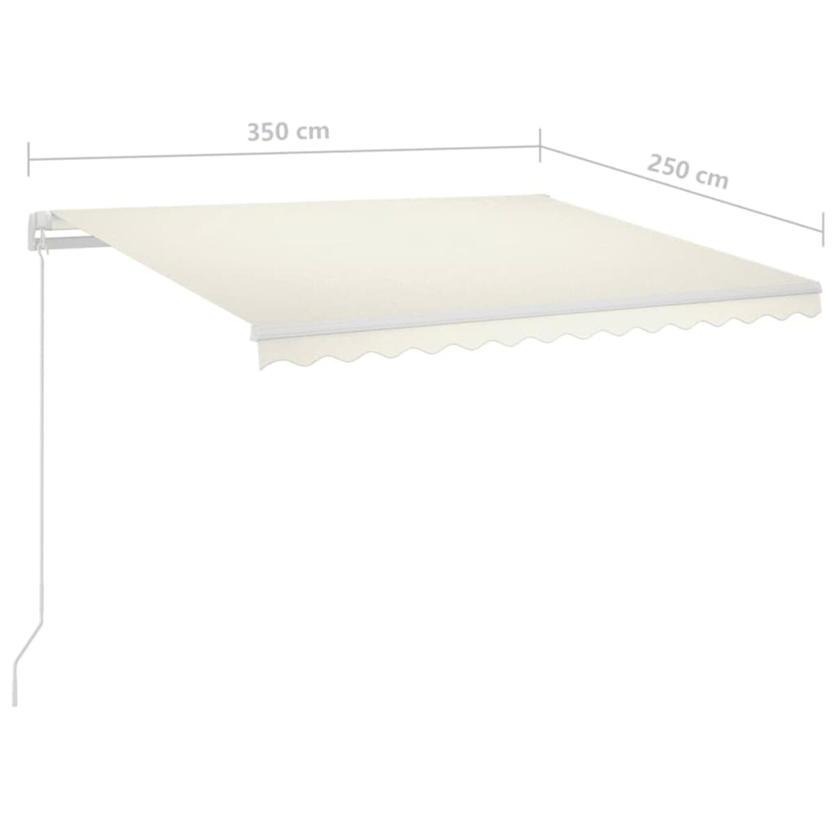 Weißes, ausfahrbares Markise, an einer weißen Wand montiert. Abmessungen: 350 cm x 250 cm.