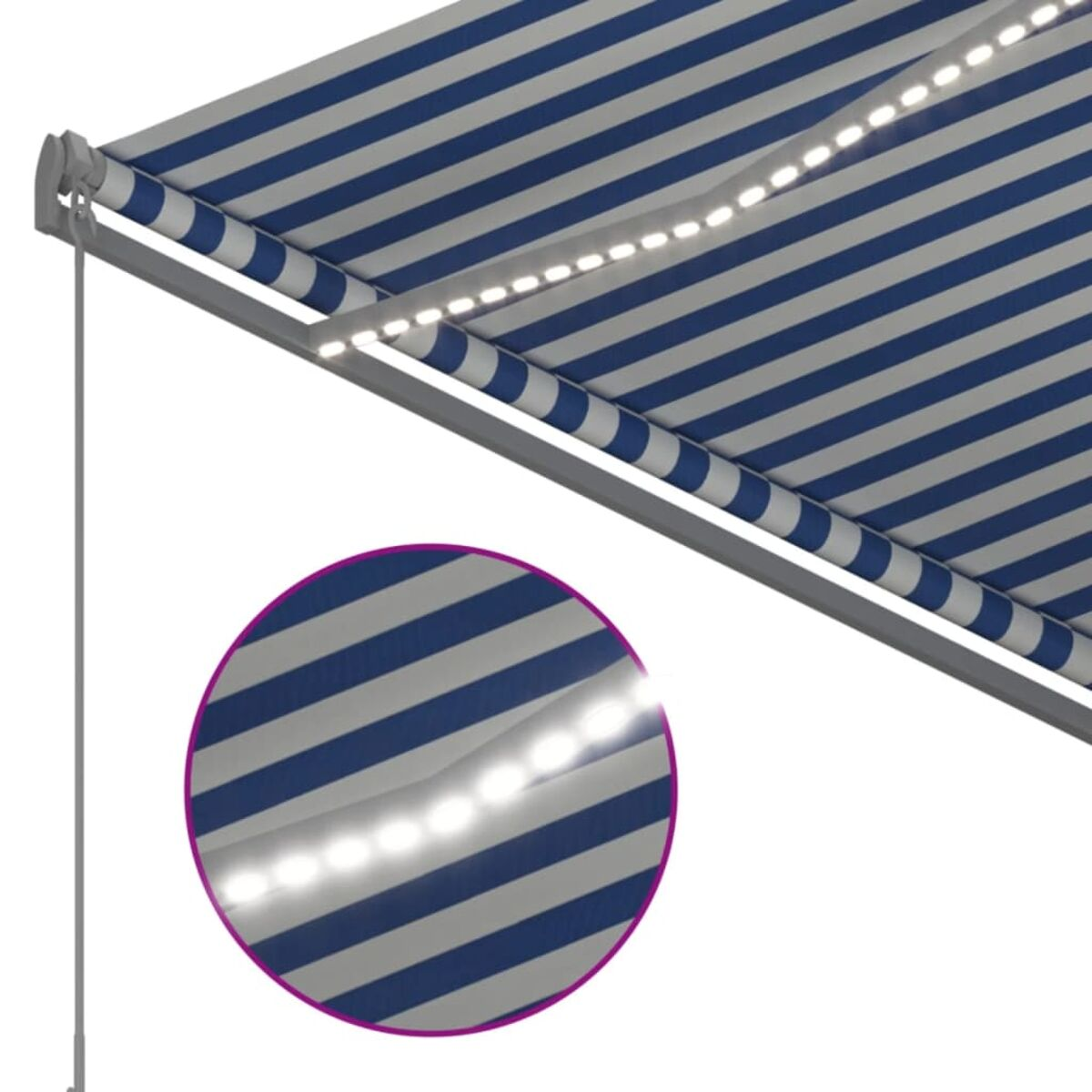 Blau-weiß gestreifte Markise mit LED-Leuchten. Eine Nahaufnahme der Lichter ist beigefügt.