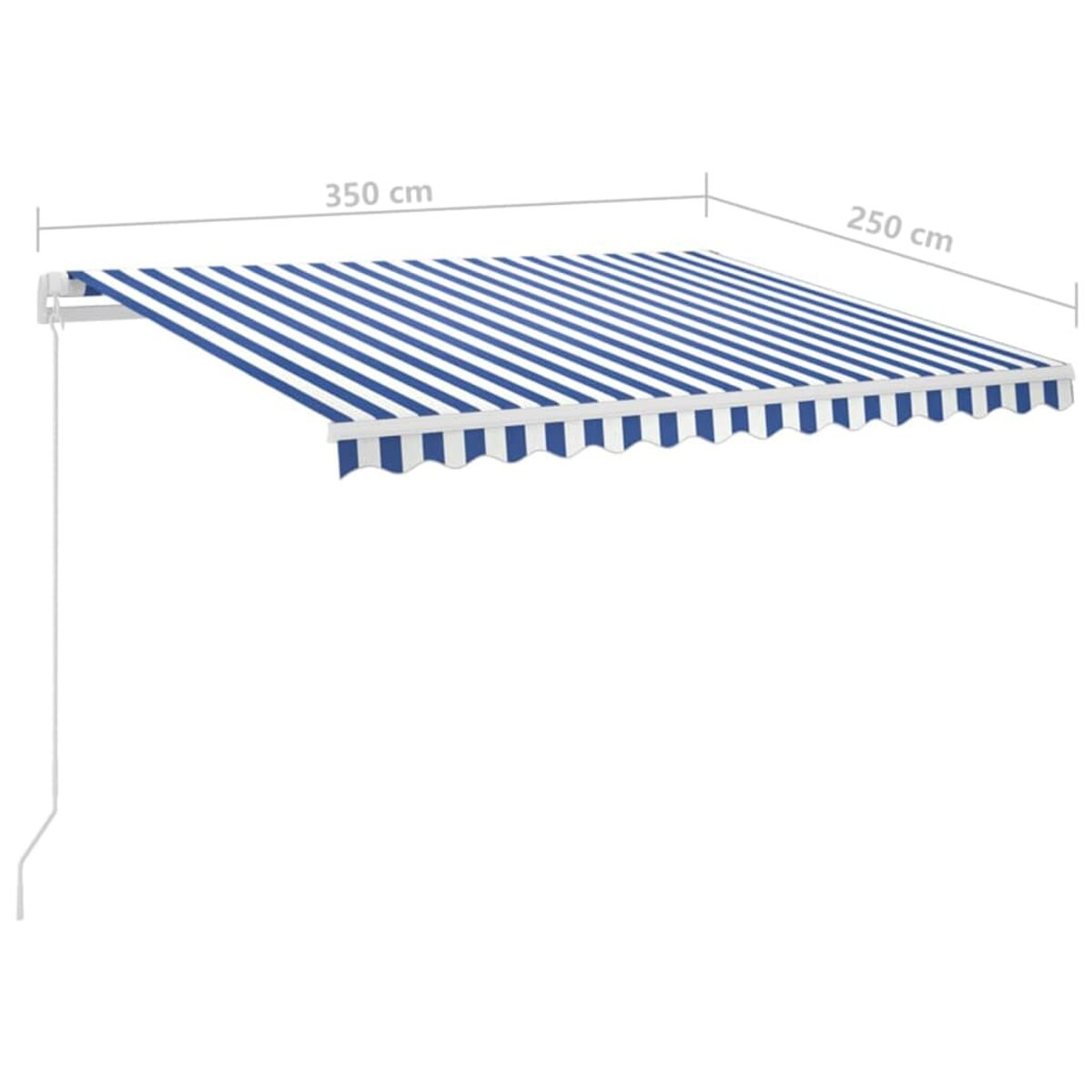 Eine blau-weiß gestreifte Markise, 350 cm breit und 250 cm tief, erstreckt sich von einer weißen Wand.