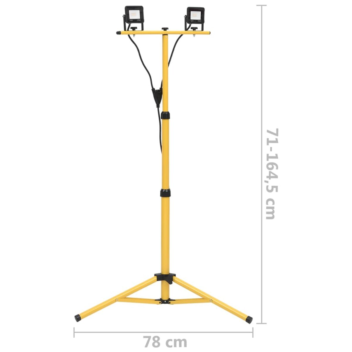 Gelbes Stativ-Arbeitslicht mit zwei Lampen. Das Licht ist verstellbar, mit Maßen.