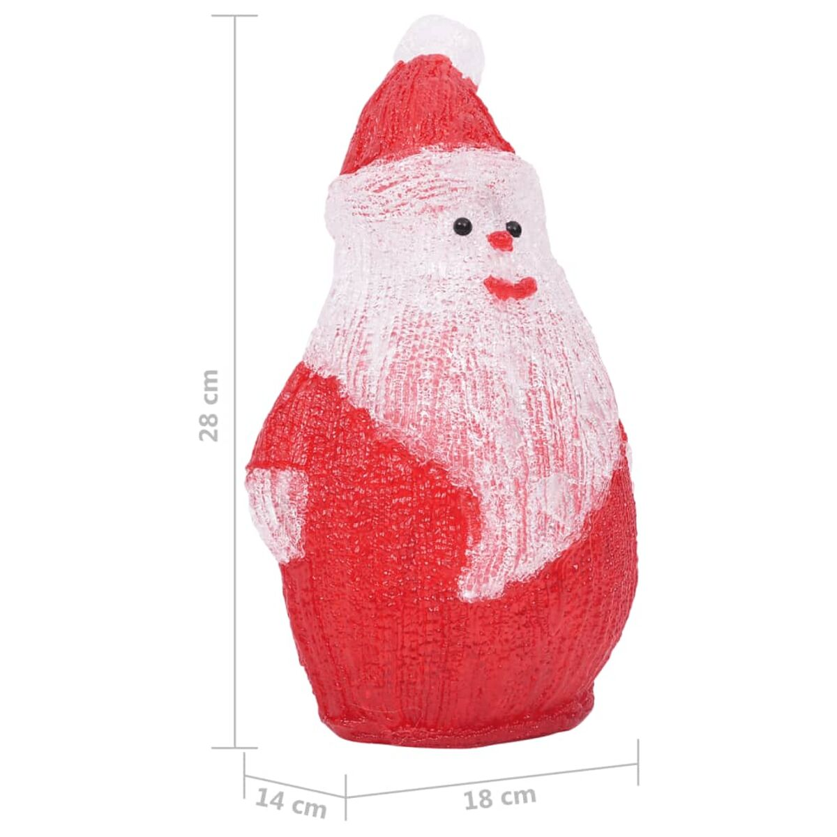Eine Weihnachtsmann-Figur. Sie ist rot und weiß, und die Abmessungen werden angezeigt.