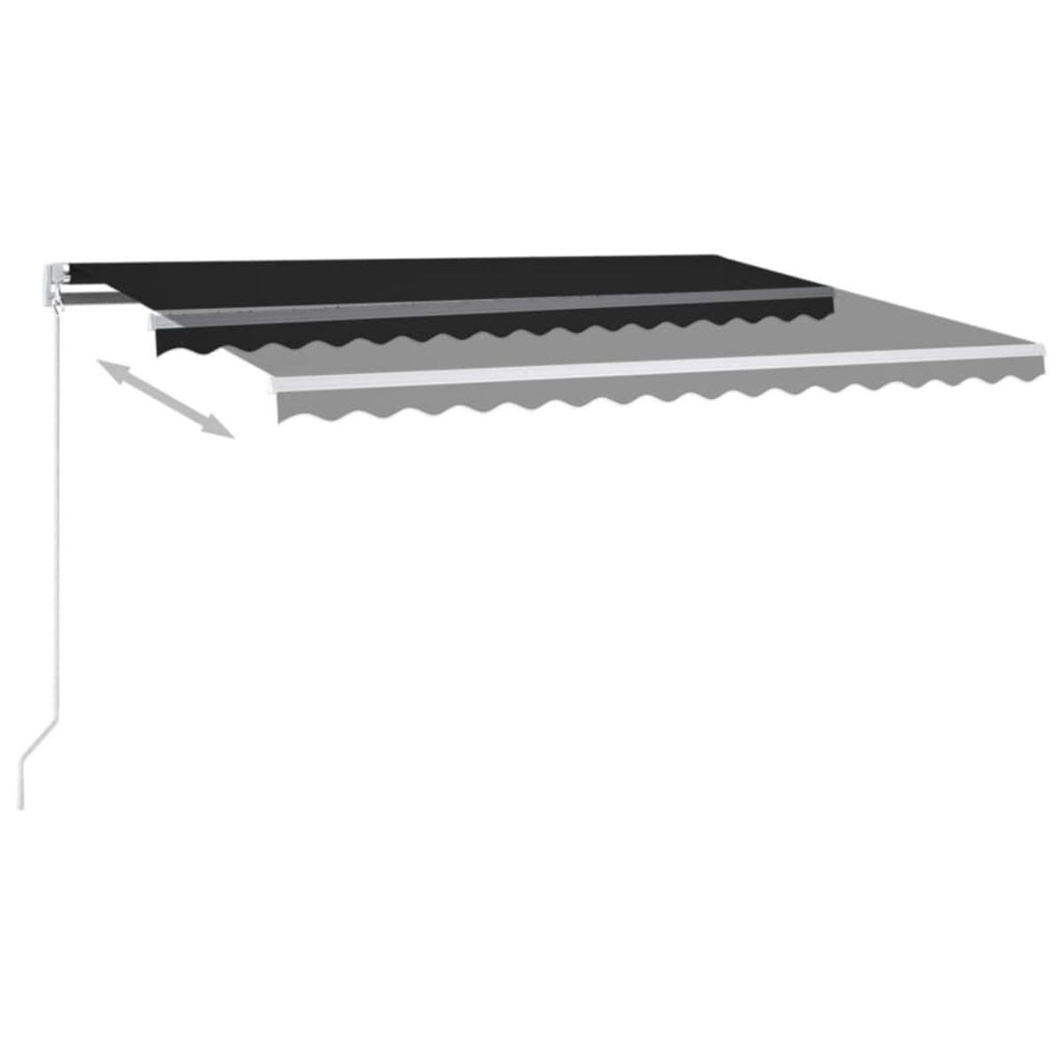 Ausfahrbare Markise, schwarz und grau. An der Wand montiert, ausgefahren. Pfeil zeigt Bewegung.