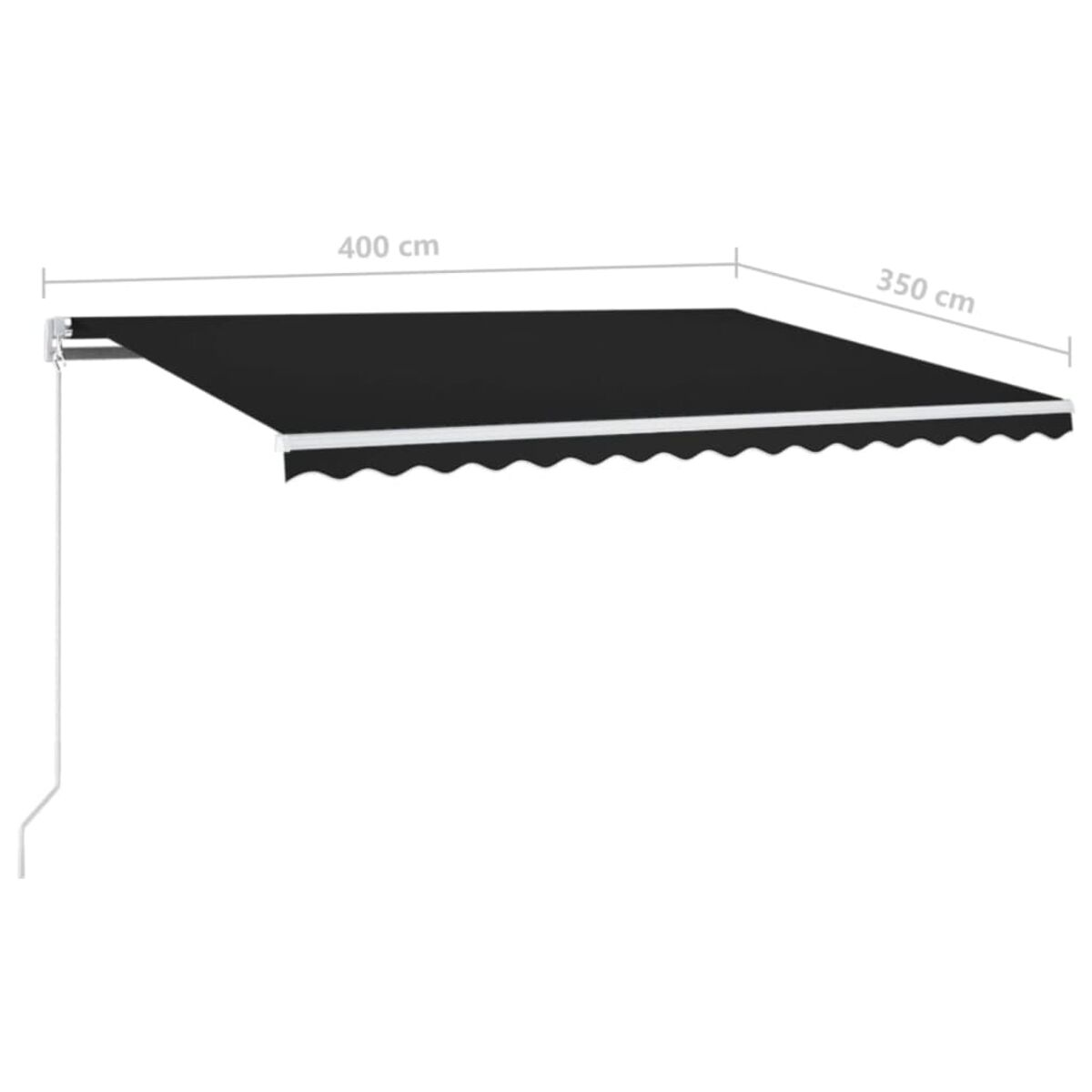 Eine schwarze Markise ausgefahren, mit den Maßen 400 cm und 350 cm beschriftet.