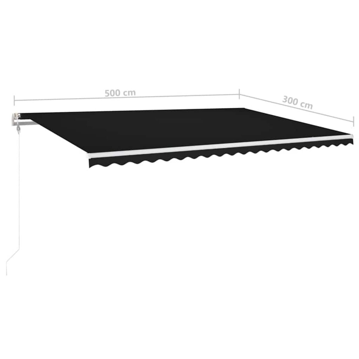 Schwarze ausziehbare Markise. Sie ist an einer weißen Wand montiert und hat Abmessungen in cm.