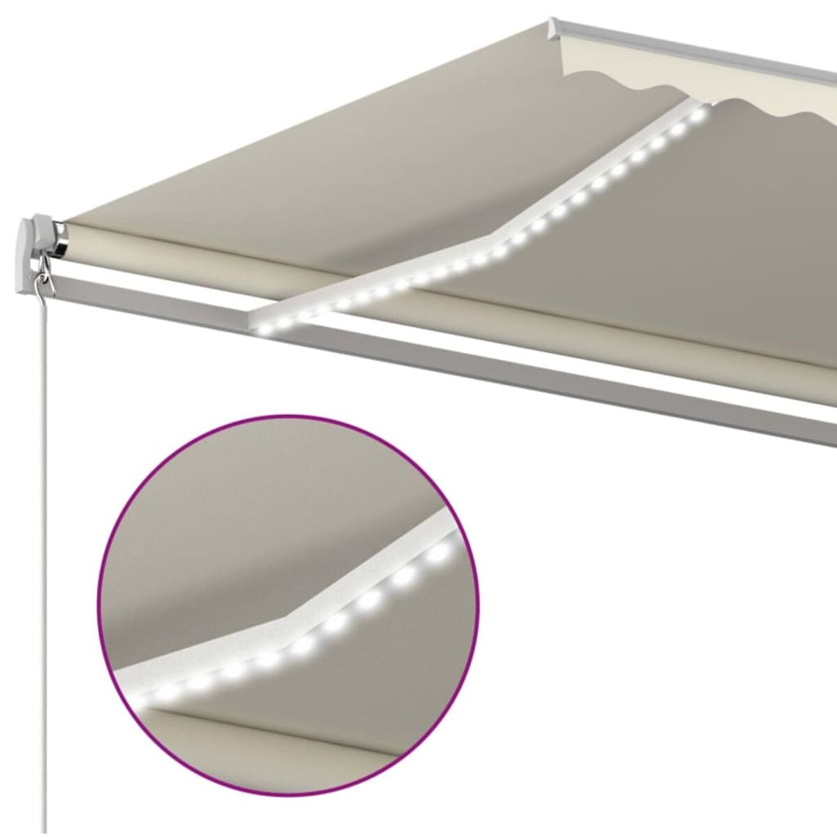Eine beige Markise mit LED-Leuchten und Nahaufnahme des Lichtstreifens.