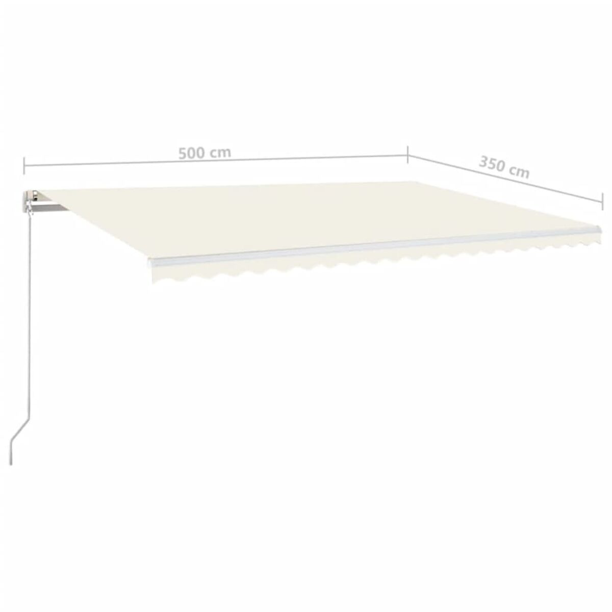 Eine weiße Markise mit den Abmessungen 500 cm und 350 cm. Die Markise ist ausgefahren.
