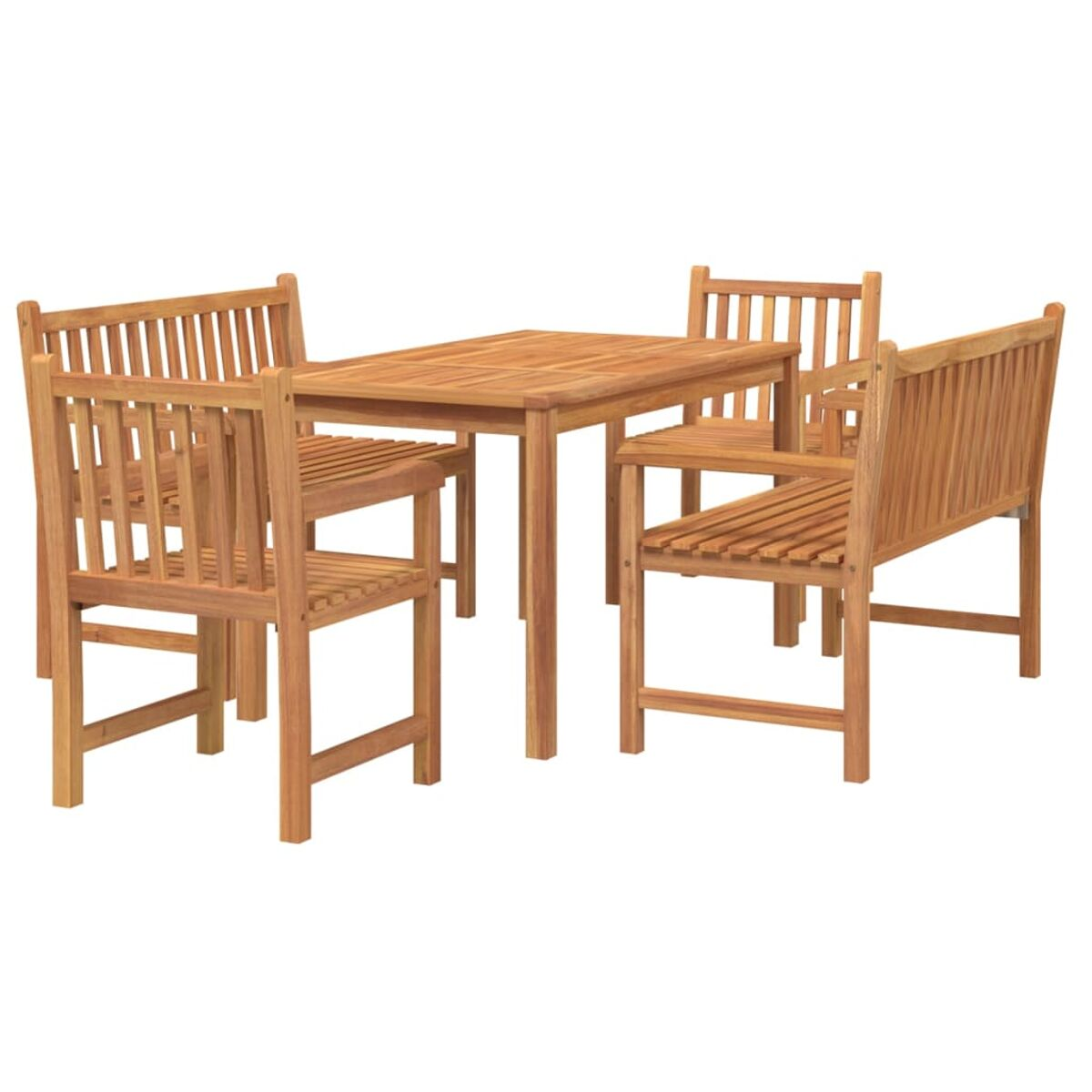 Ein Ess-Set aus Holz für den Außenbereich. Enthält einen Tisch und vier Stühle. Die Stühle haben Lamellenrücken.