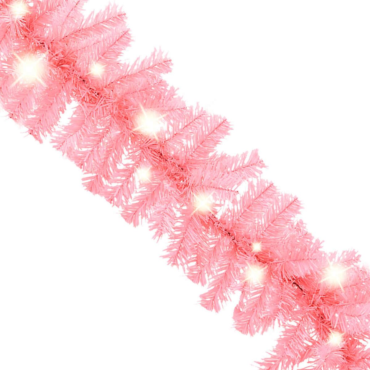 Diagonale Anordnung von rosa Weihnachtsgirlande mit funkelnden Lichtern auf weißem Hintergrund.