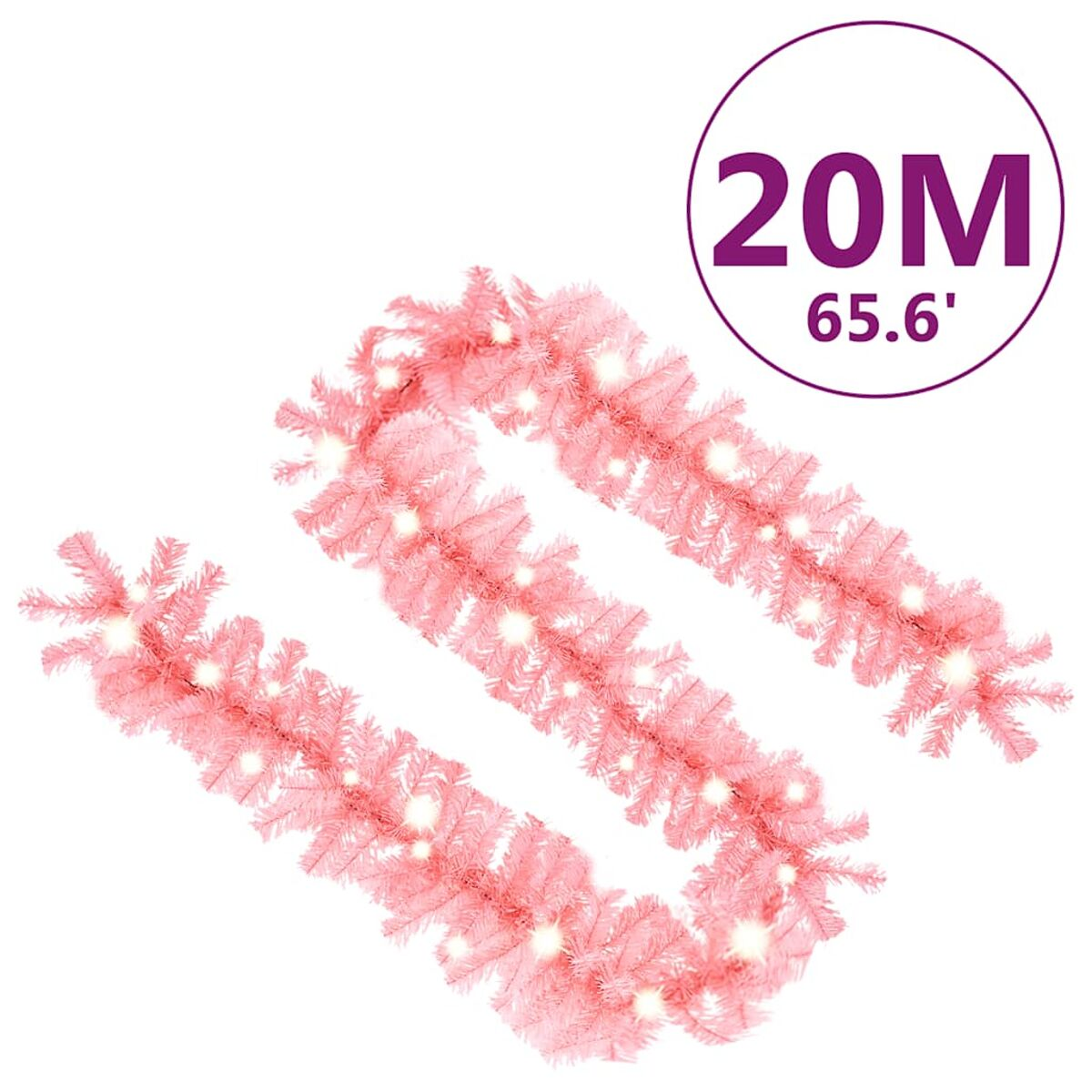 Pinke Weihnachtsgirlande mit weißen Lichtern vor weißem Hintergrund, 20M/65.6'-Etikett.