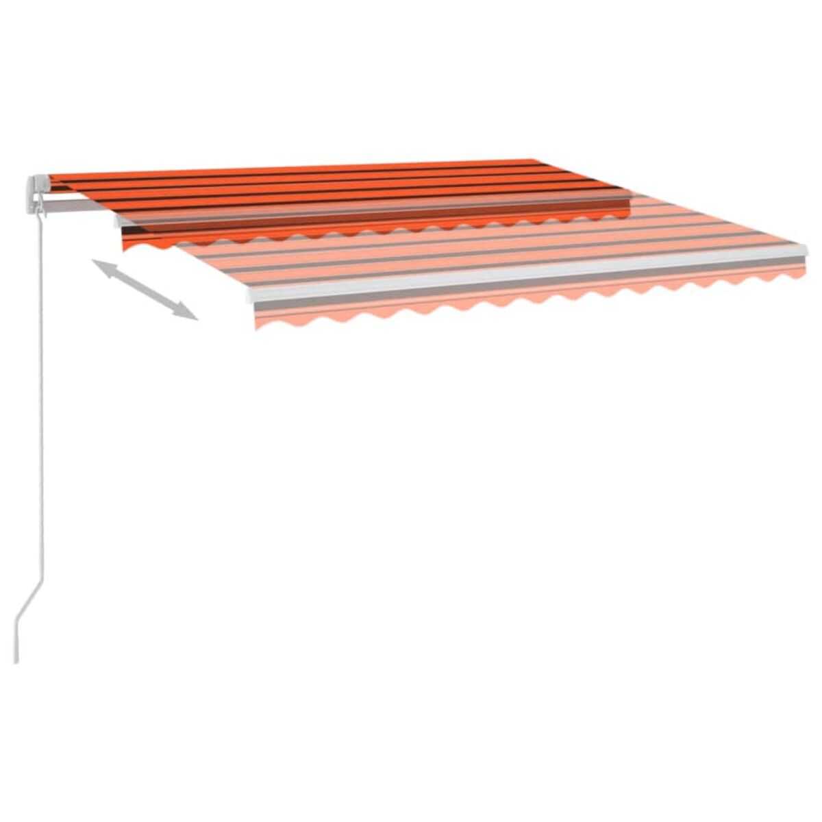 Eine orange und schwarz gestreifte Markise, die mit einem Pfeil ausgefahren wird.