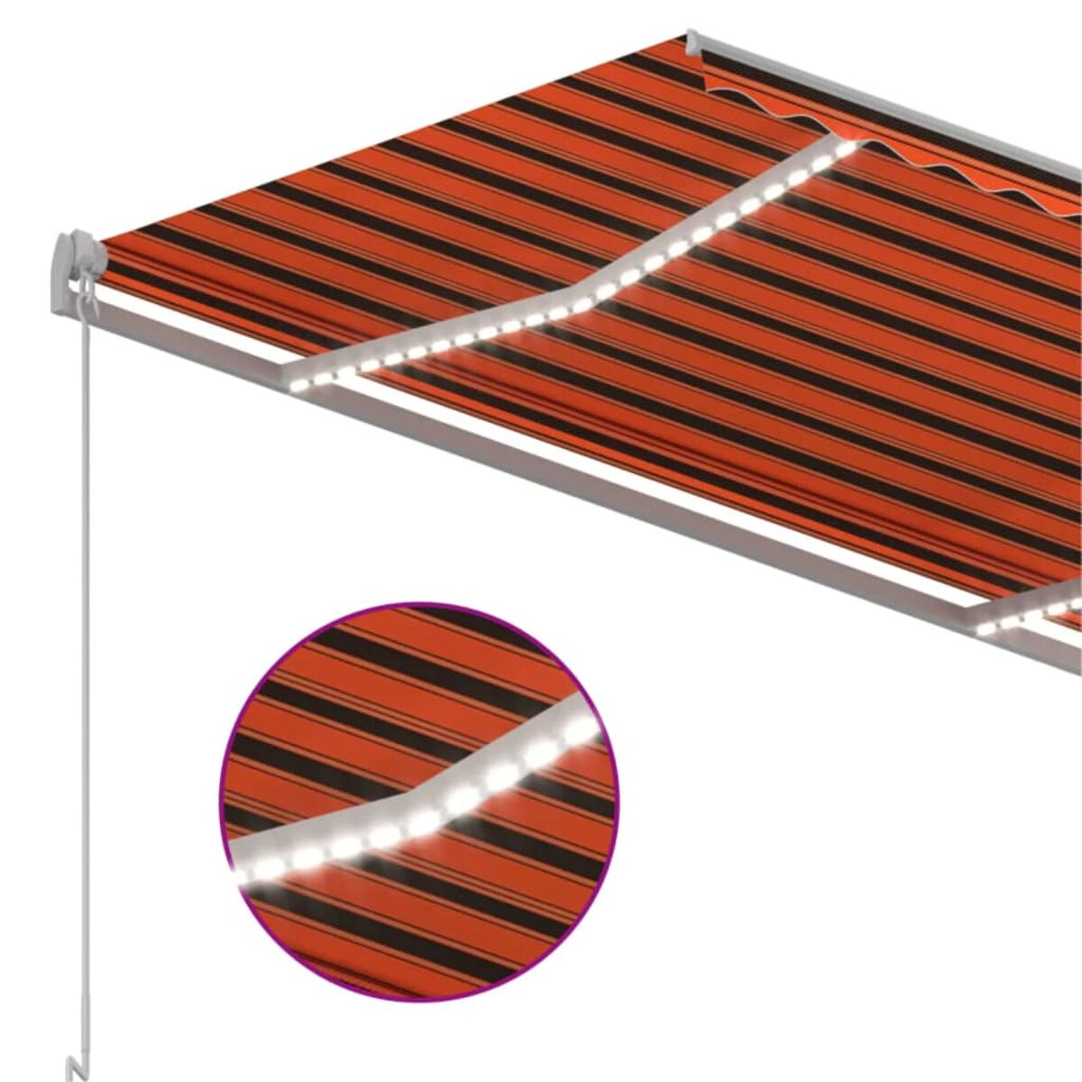 Nahaufnahme einer orange-schwarz gestreiften Markise mit LED-Leuchten. Eine Detailansicht ist enthalten.