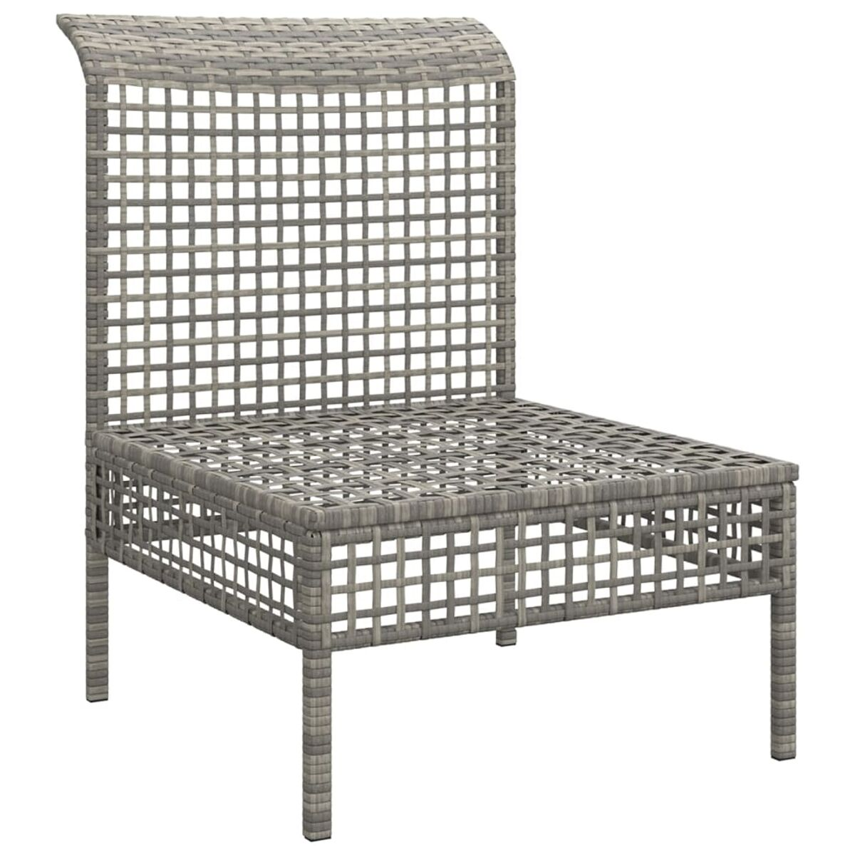 Ein grauer Rattanstuhl mit hohem Rücken, quadratischem Sitz und vier Beinen wird gezeigt.